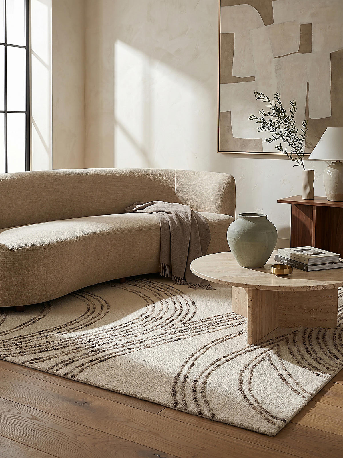 WOLLTEPPICH Abstrakt-Wirbel, handgetuftet, naturfarben HUMBER, Natur-Braun 80x150 cm - Beige, Textil (150/80cm) - KADIMA DESIGN