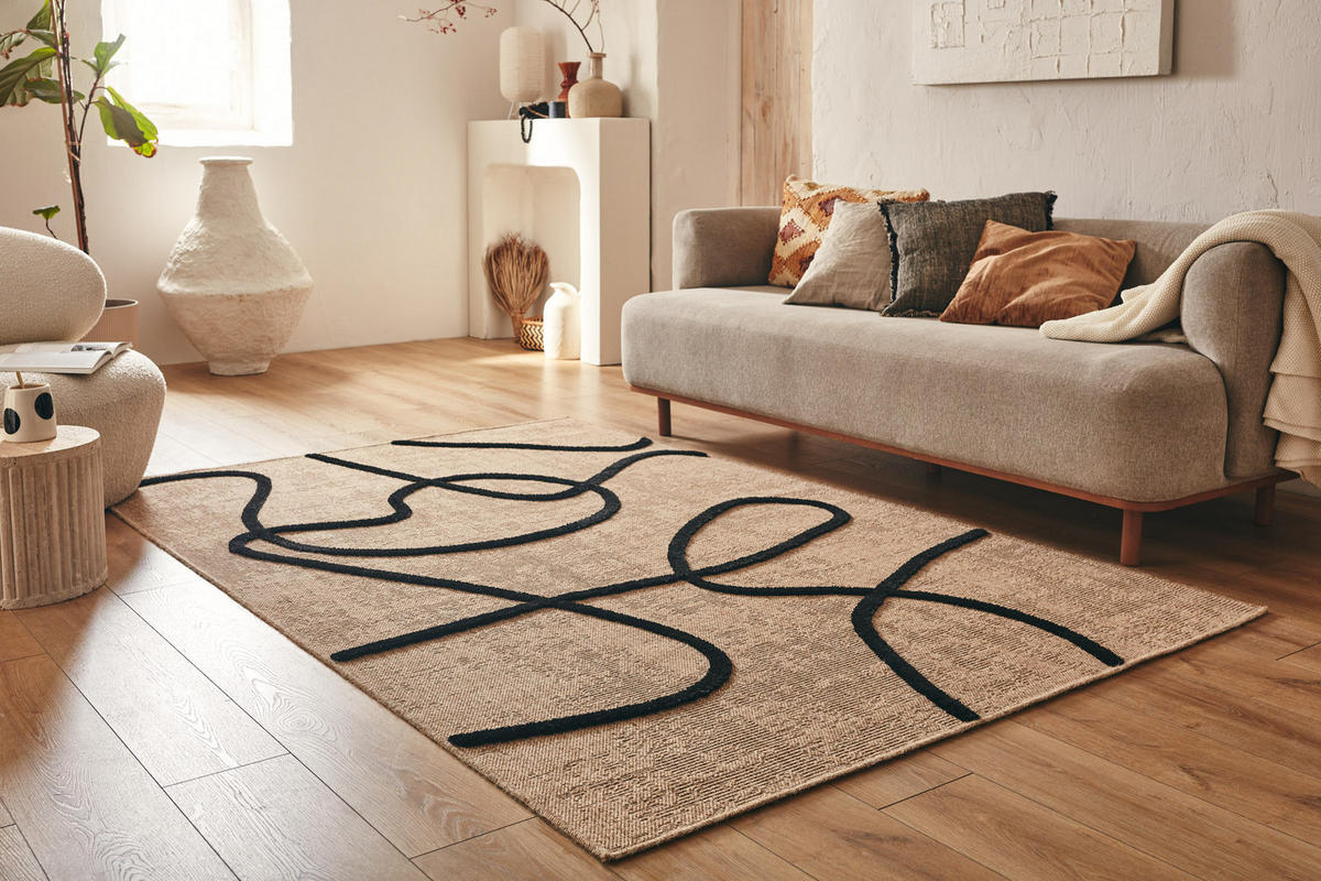 TEPPICH mit Jute-Optik Linien schwarz Palma 160x230 cm - Schwarz, Textil (160/230cm) - Nazar Rugs