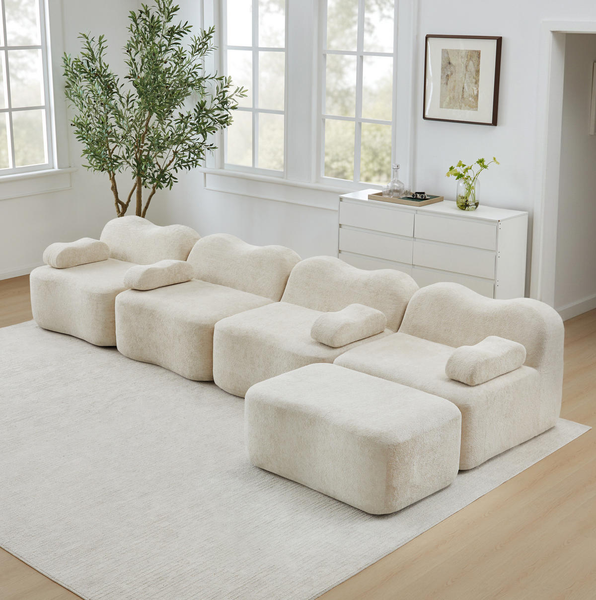 ECKSOFA modular mit Ottomanen, Wellenform und Samtbezug, Beige - Beige, Textil (384/167cm) - Redom