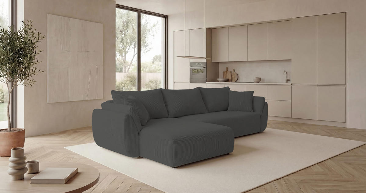 ECKSOFA SYDNEY links dunkelgrau Cord Poso 60 - Schlaffunktion, Bettkasten - Anthrazit, Textil (280/174cm) - Cornero