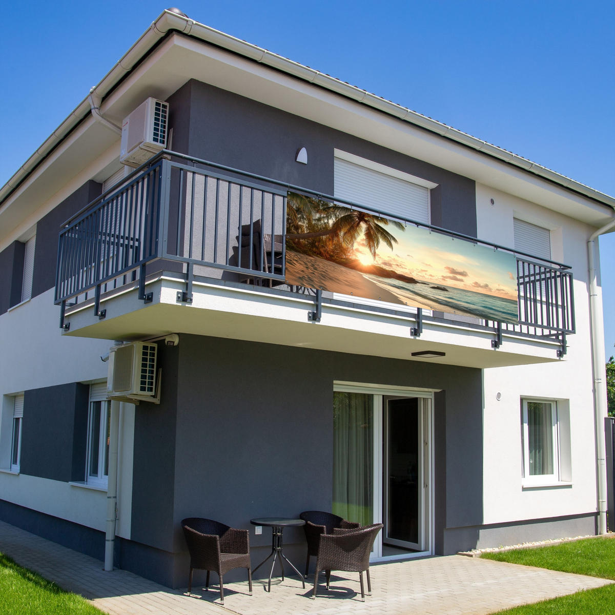 BALKON-SICHTSCHUTZ Strand - Palmen - Meer - Sonnenuntergang 300x100 cm - Samtahornfarben, Kunststoff (300/100cm) - MuchoWow