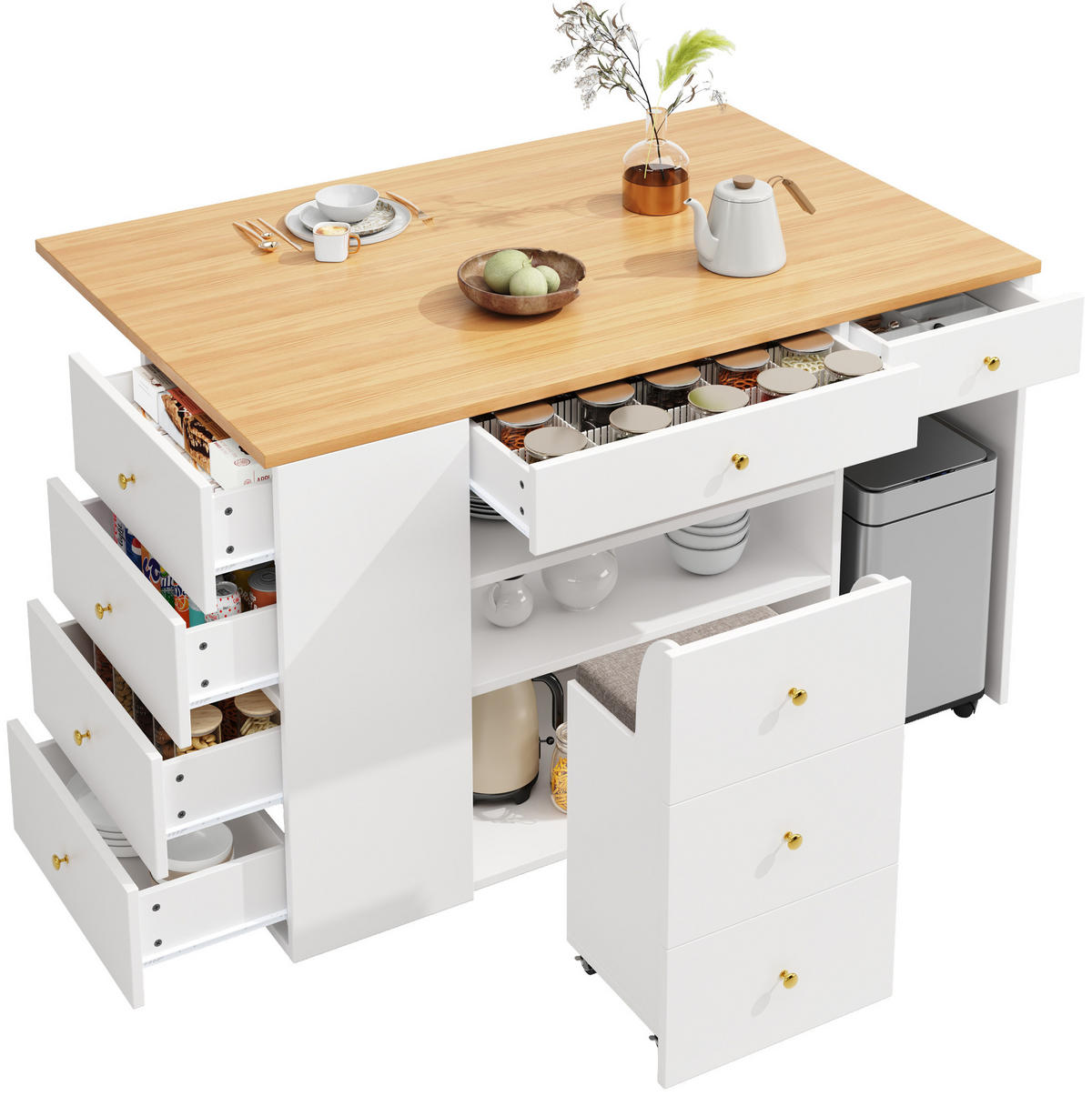 KUCHYŇSKÝ ostrůvek z MDF, 140/40/89 cm, bílý se stoličkou a úložným prostorem - bílá, kompozitní dřevo (140/89/70cm) - Modenvie