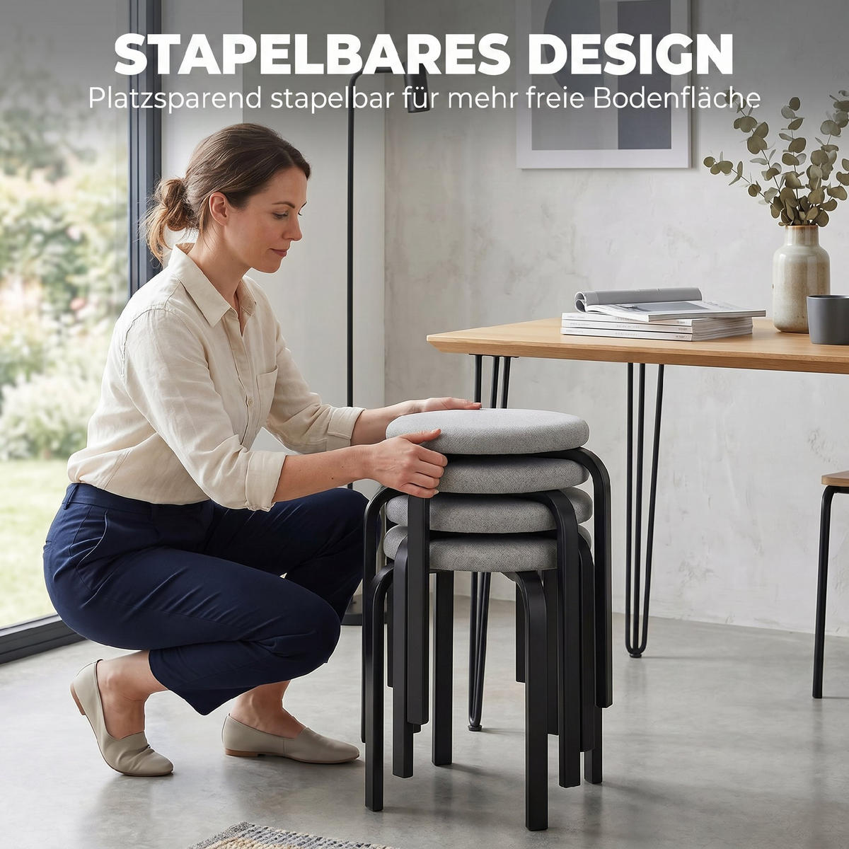 STAPELHOCKER DE-06929 4er-Set gepolstert rund, stapelbar Grau - Grau, Textil/Metall (40/45/40cm) - ComfortXL