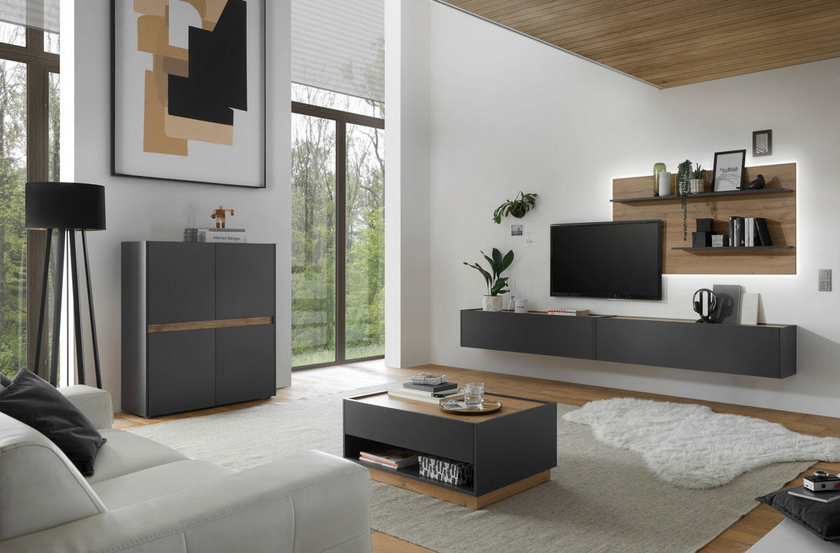 HIGHBOARD grau matt, Eiche Wotan 100 cm, Kommode 4-türig - Eiche Wotan/Grau, Holzwerkstoff/Kunststoff (100/120/40cm) - Furn.Design