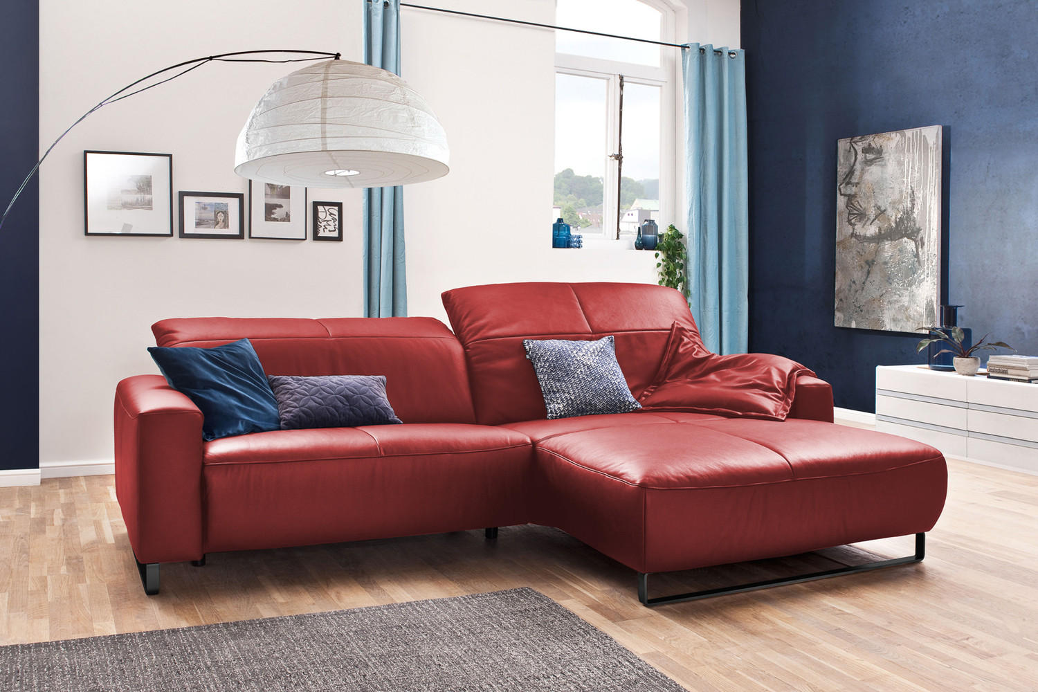 Thumbnail - Kawola Ecksofa, Kirschrot, Schwarz, Leder, Echtholz, 3-Sitzer, Füllung: Komfortschaum, Ottomane rechts, L-Form, 284x180 ...