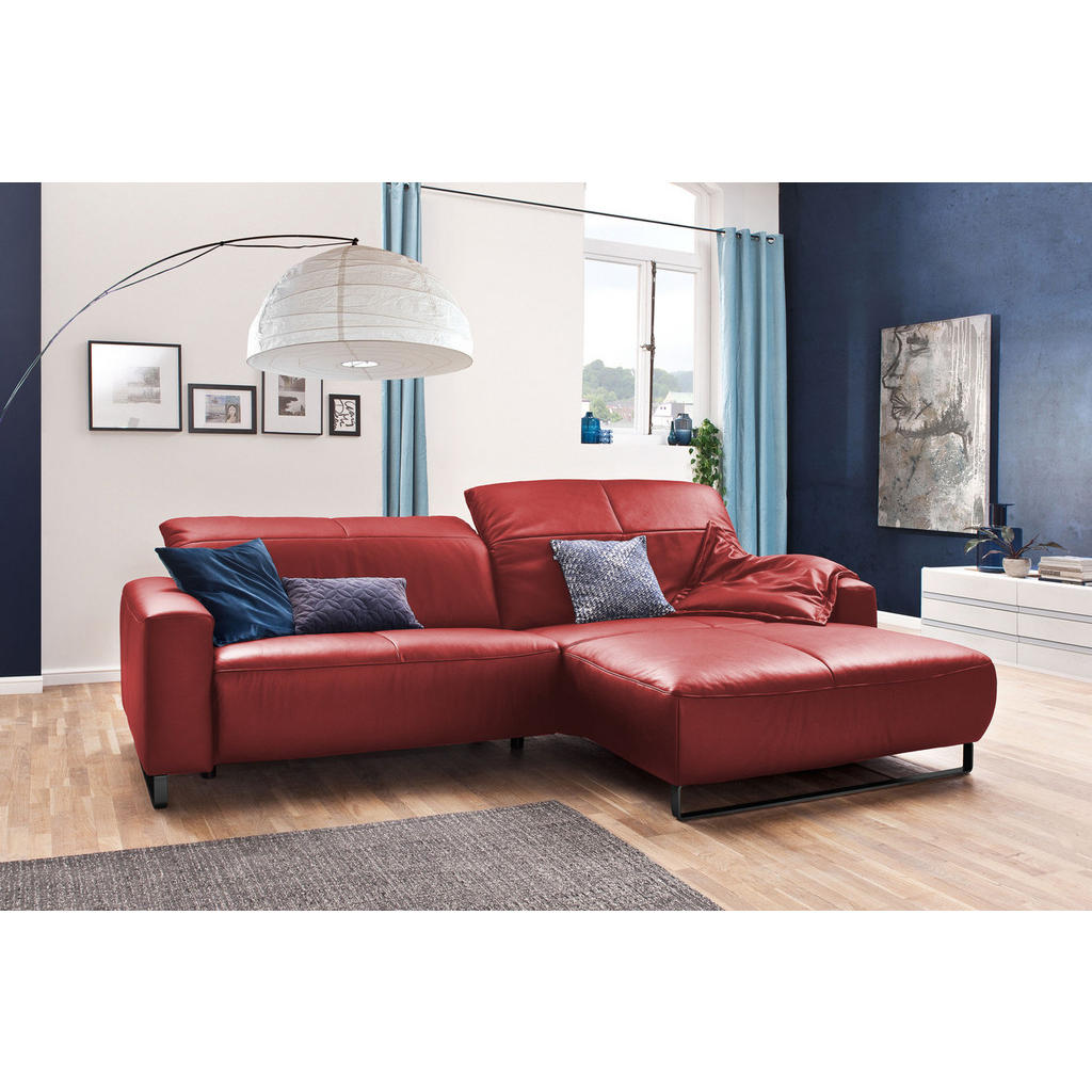 Thumbnail - Kawola Ecksofa, Kirschrot, Schwarz, Leder, Echtholz, 3-Sitzer, Füllung: Komfortschaum, Ottomane rechts, L-Form, 284x180 ...