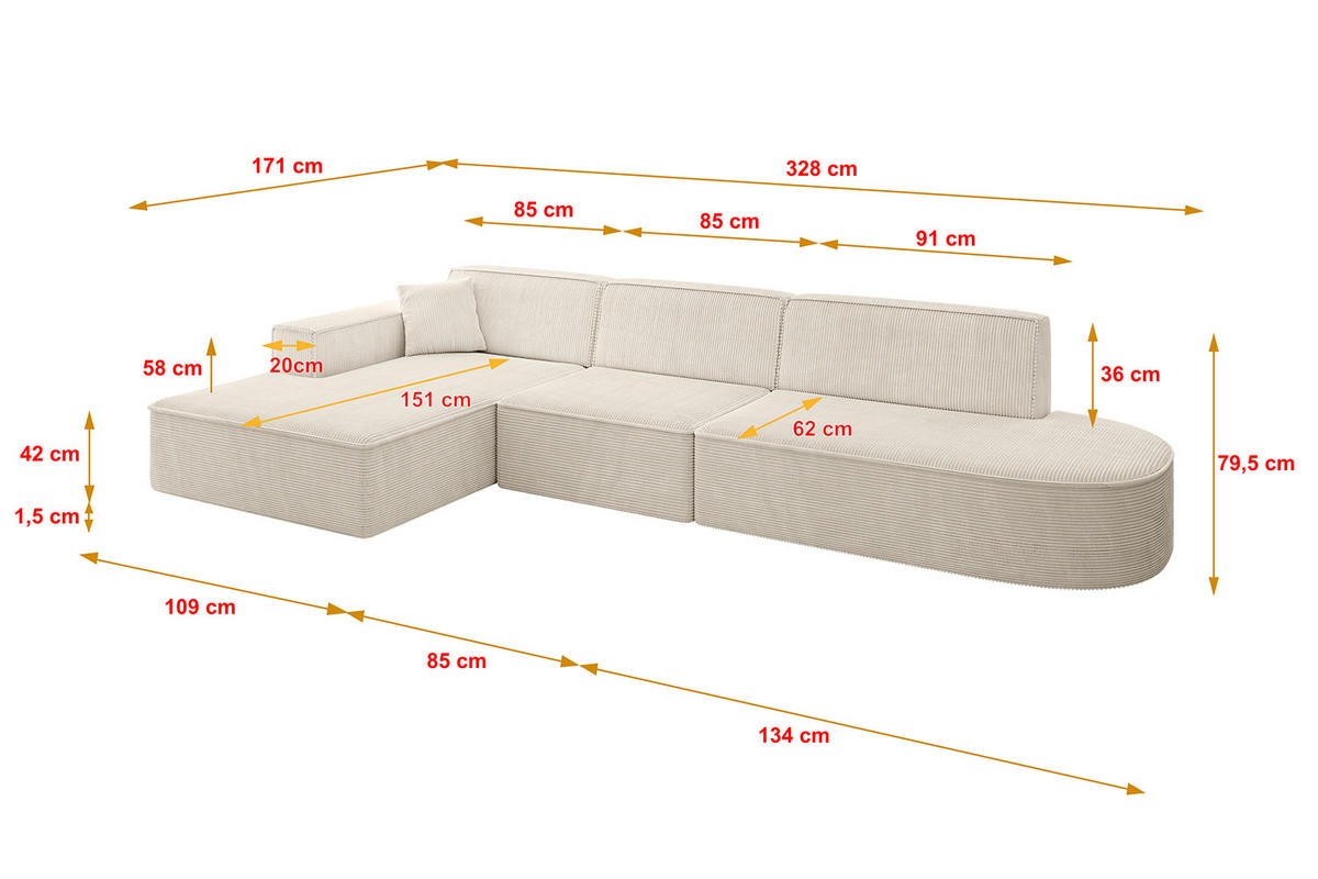 ECKSOFA Ottomane Links IREA-L2-v4 - 328x171x79 cm Beige - Beige, Holzwerkstoff/Textil (328/171cm) - ALTDECOR