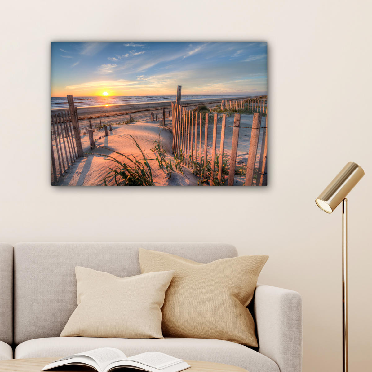 LEINWANDBILD Strand - Meer - Düne - Sonnenuntergang - Landschaft Gemälde 60x40 cm - Beige, Textil (60/40cm) - MuchoWow