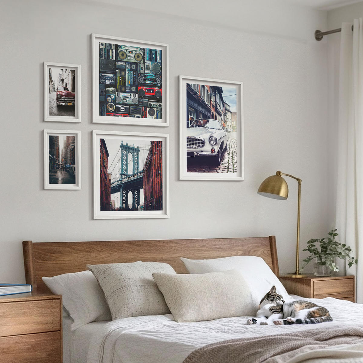 WANDBILDER 5er-Set - 50x50 cm & 20x30 cm & 40x60 cm Weißer Rahmen - Old Cars Brooklyn Retro-Audio - Weiß, Kunststoff (40/60cm) - ArtPrintCave