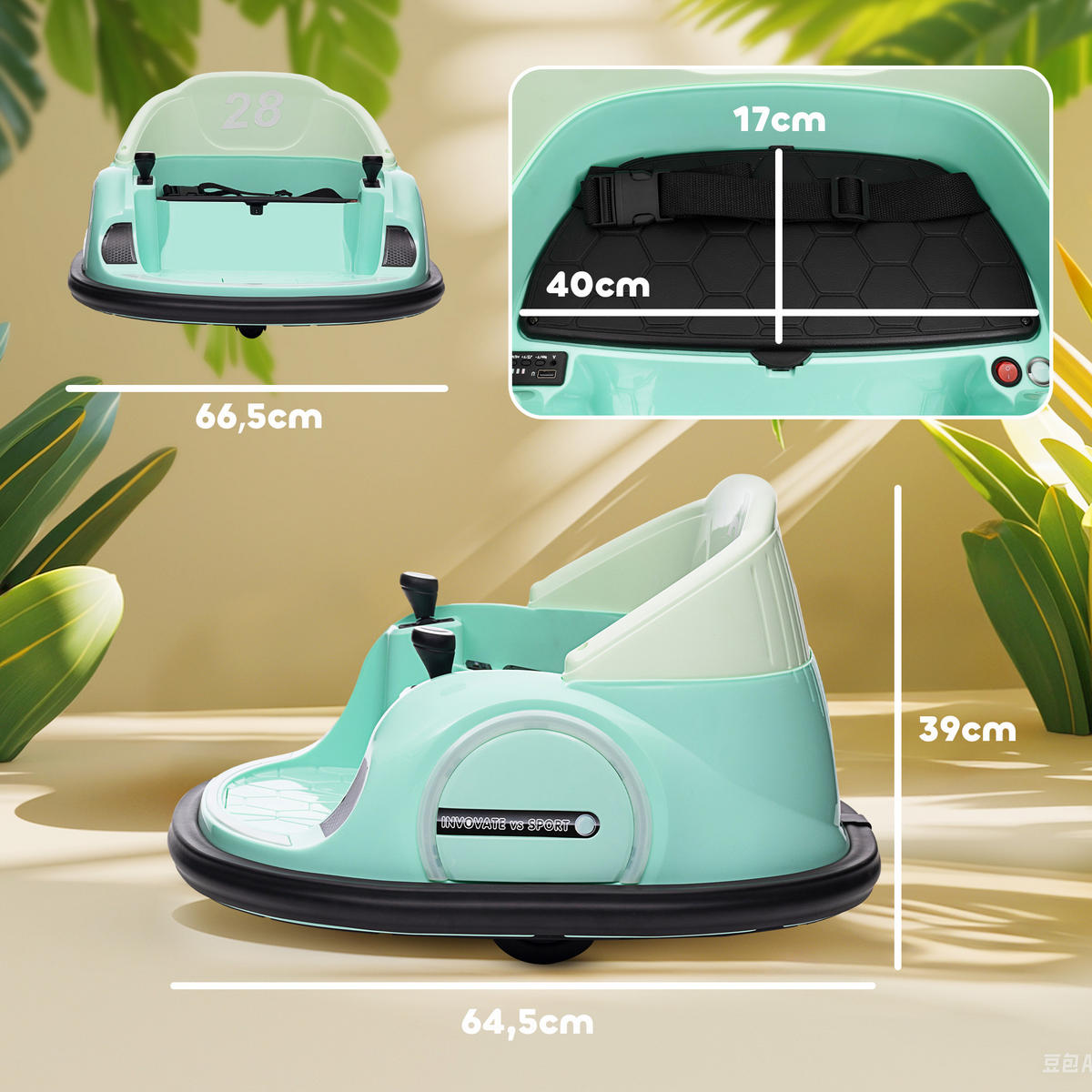 12V Kinder Autoscooter mit 2,4 G Fernbedienung, Elektro Bumper mit Musik - Grün, Kunststoff (66.5/64.5/39cm) - AIYAPLAY