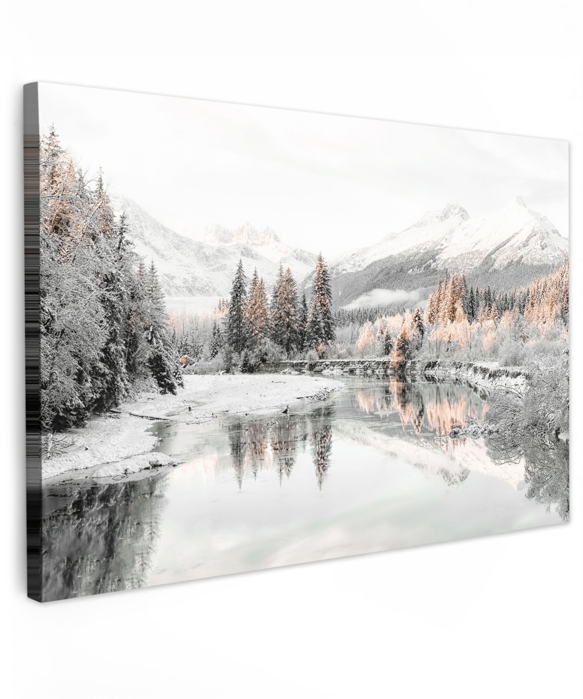 LEINWANDBILD Natur - Winter - Bäume - Berge - Schnee Wohnzimmer 120x80 cm - Weiß Hochglanz, Textil (120/80cm) - MuchoWow