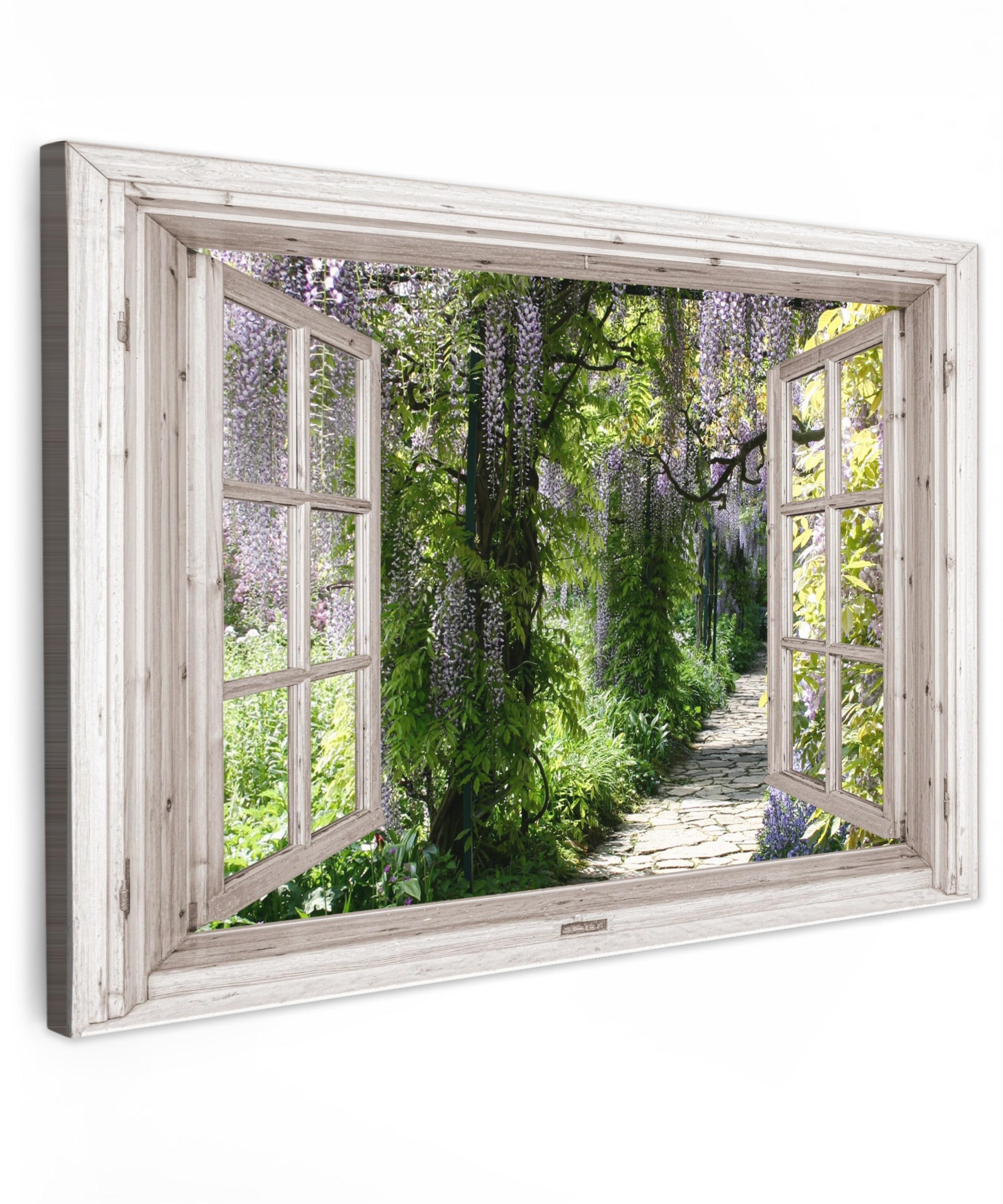 LEINWANDBILD Blauer Regen - Blumen - Aussicht - Baum - Frühling Wohnzimmer Groß 120x80 cm - Grün, Textil (120/80cm) - MuchoWow