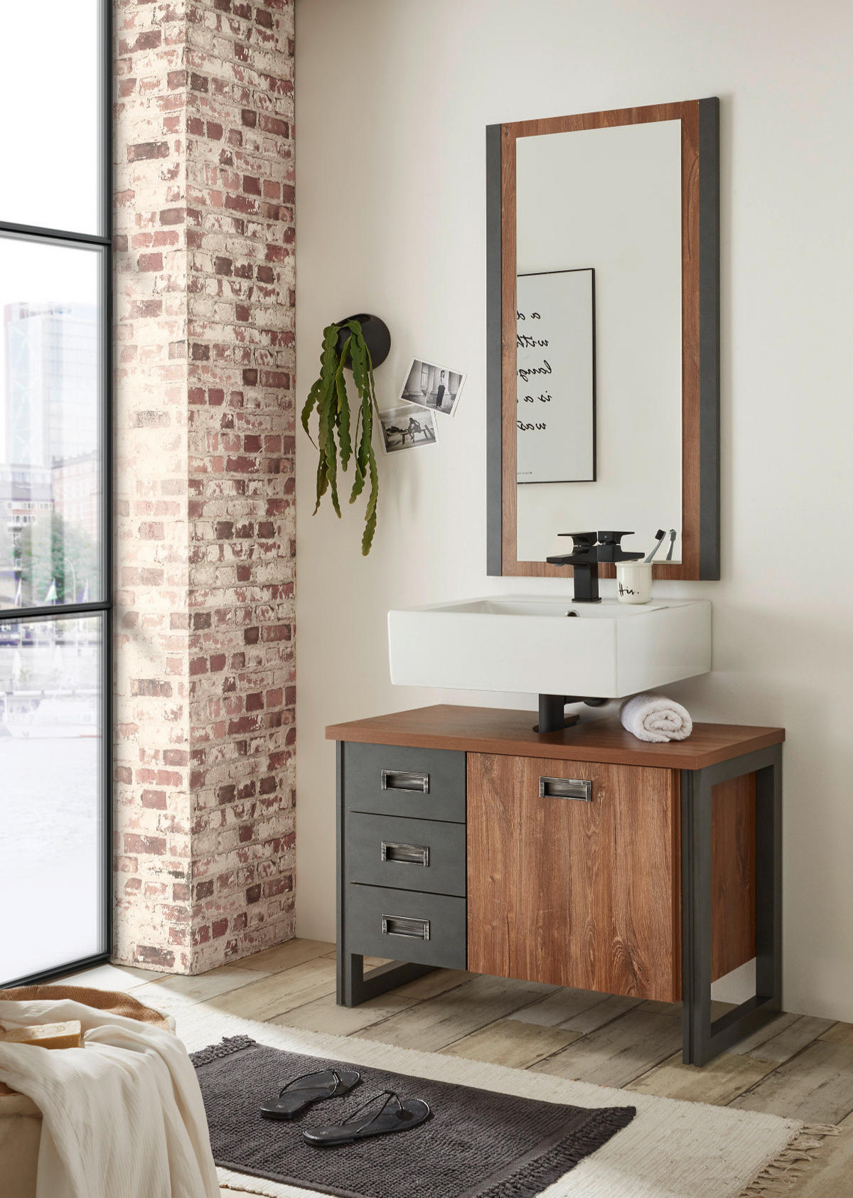 WASCHBECKENUNTERSCHRANK Eiche Stirling, Matera grau, Badmöbel Unterschrank 81 x 62 cm - Eichefarben/Grau, Holz/Holzwerkstoff (81/62/40cm)