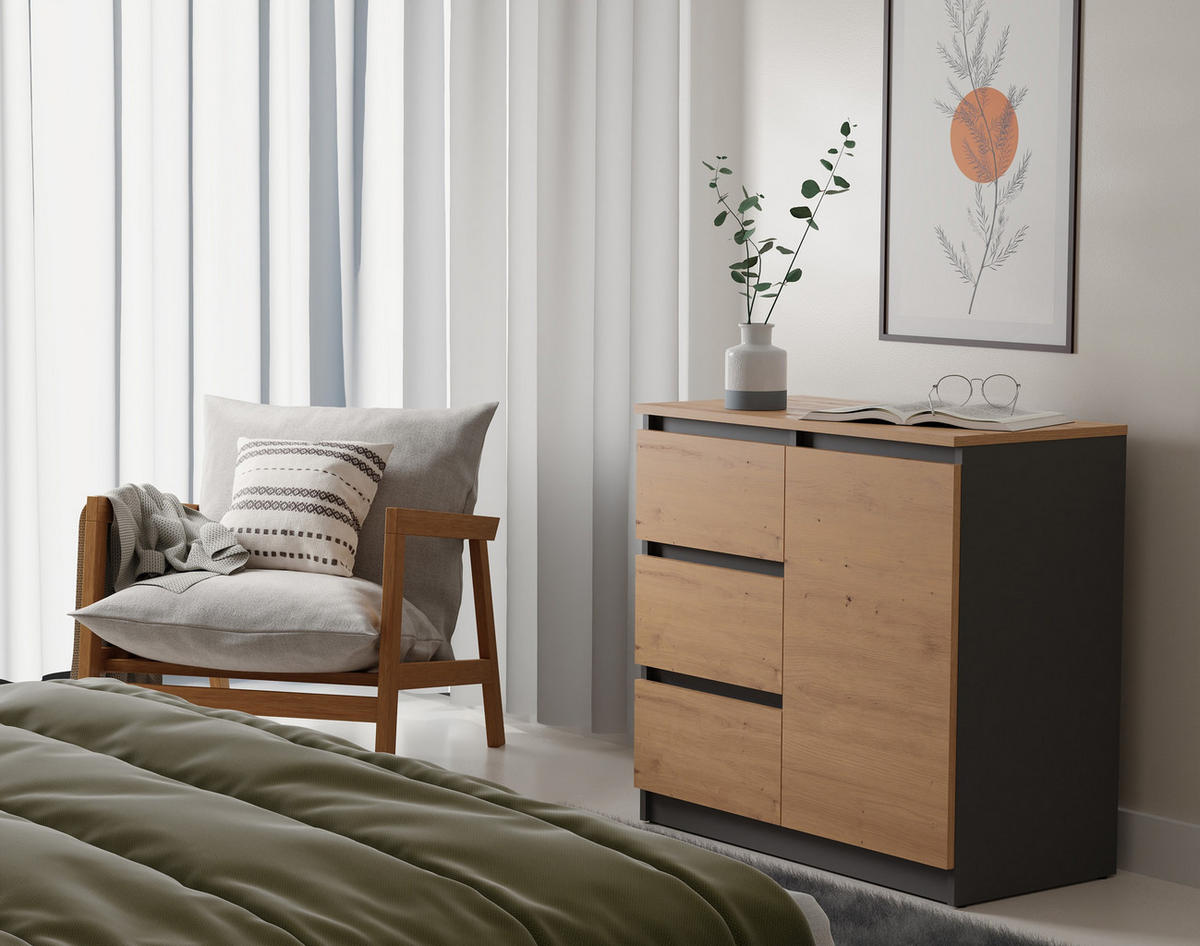 KOMMODE 1D3S SCHRANK 1 TÜR 3 SCHUBLADEN ANTHRAZIT EICHE ARTISAN - Anthrazit/Eiche Artisan, Holzwerkstoff (80/75/40cm) - CDF