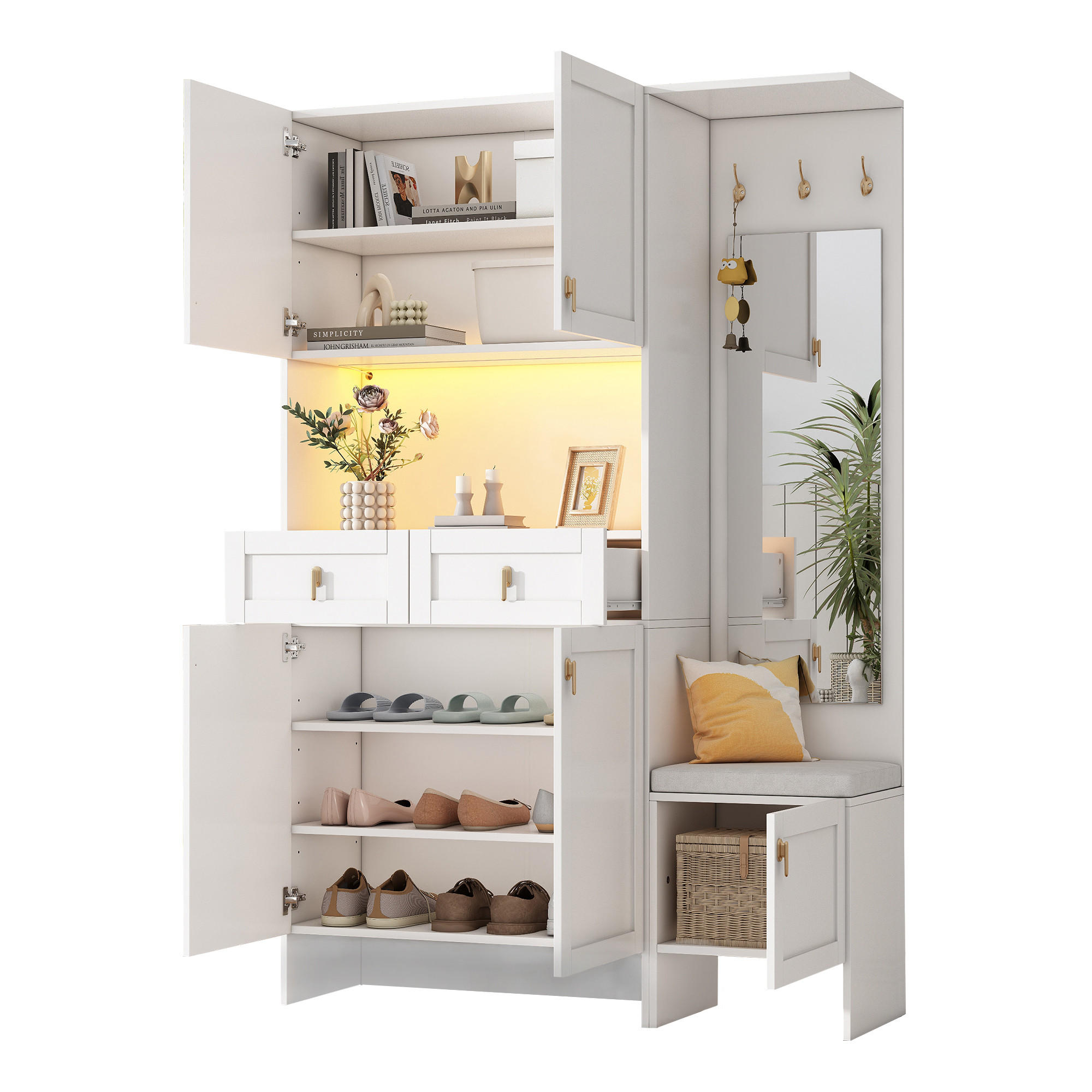GARDEROBE-SET in Weiß Highboard mit Schuhbank Schuhschrank 3 Haken 5 Türen 2 Schubladen für Flur ,B120/T33.5/H180cm - Weiß, Holzwerkstoff (120/180/33.5cm) - STILVORA