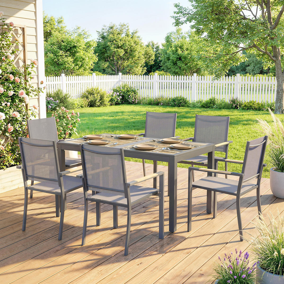 GARTENTISCHGRUPPE DE-18125 140 cm Holzoptik-Tisch, 6 Textilene-Stühle Grau - Dunkelgrau, Metall - ComfortXL