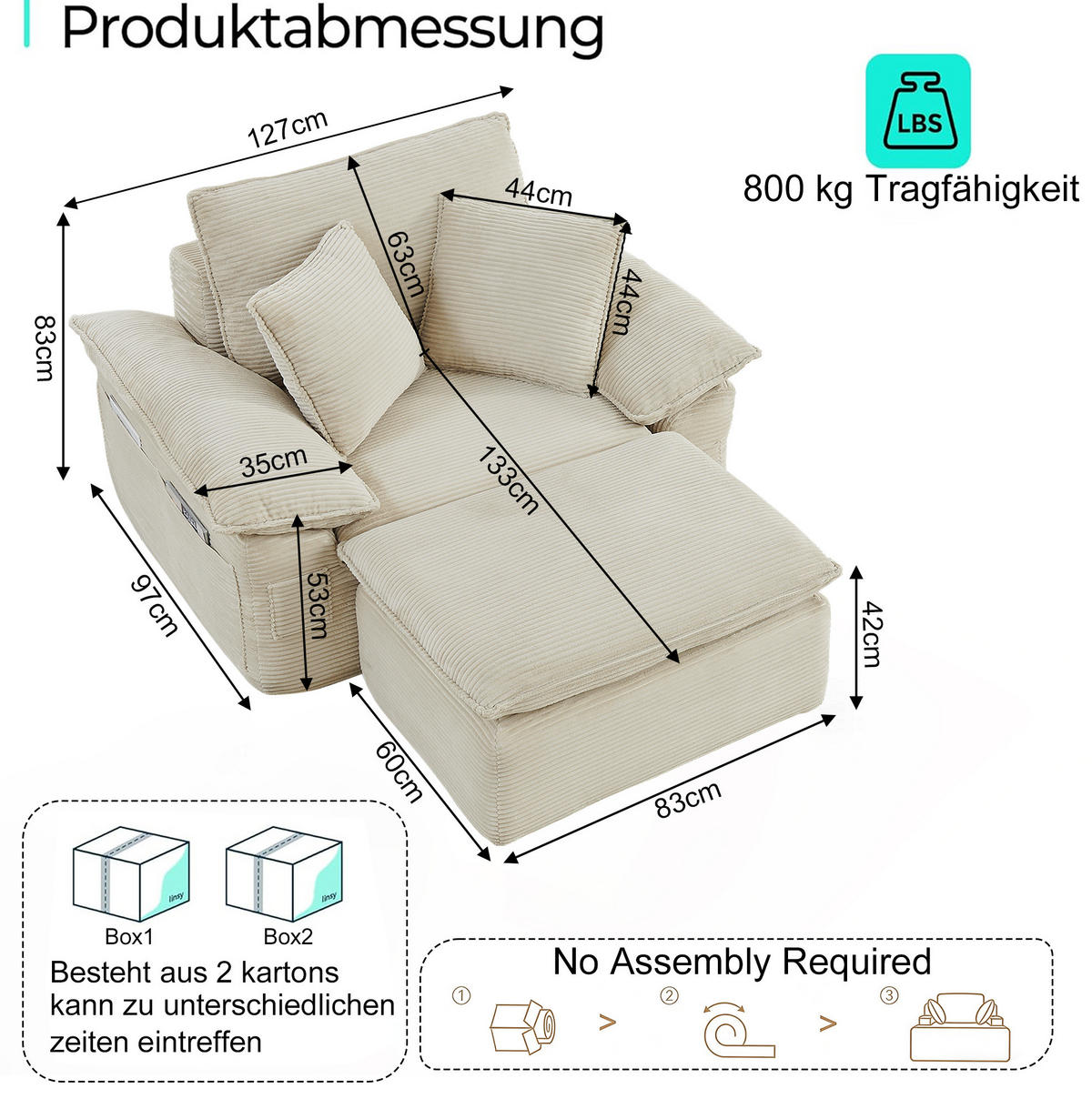 SESSEL aus Stoff Beige ohne Montage mit Fußstütze, Seitentaschen und modularer Kombination - Beige, Textil (156/65/125cm) - Modfu