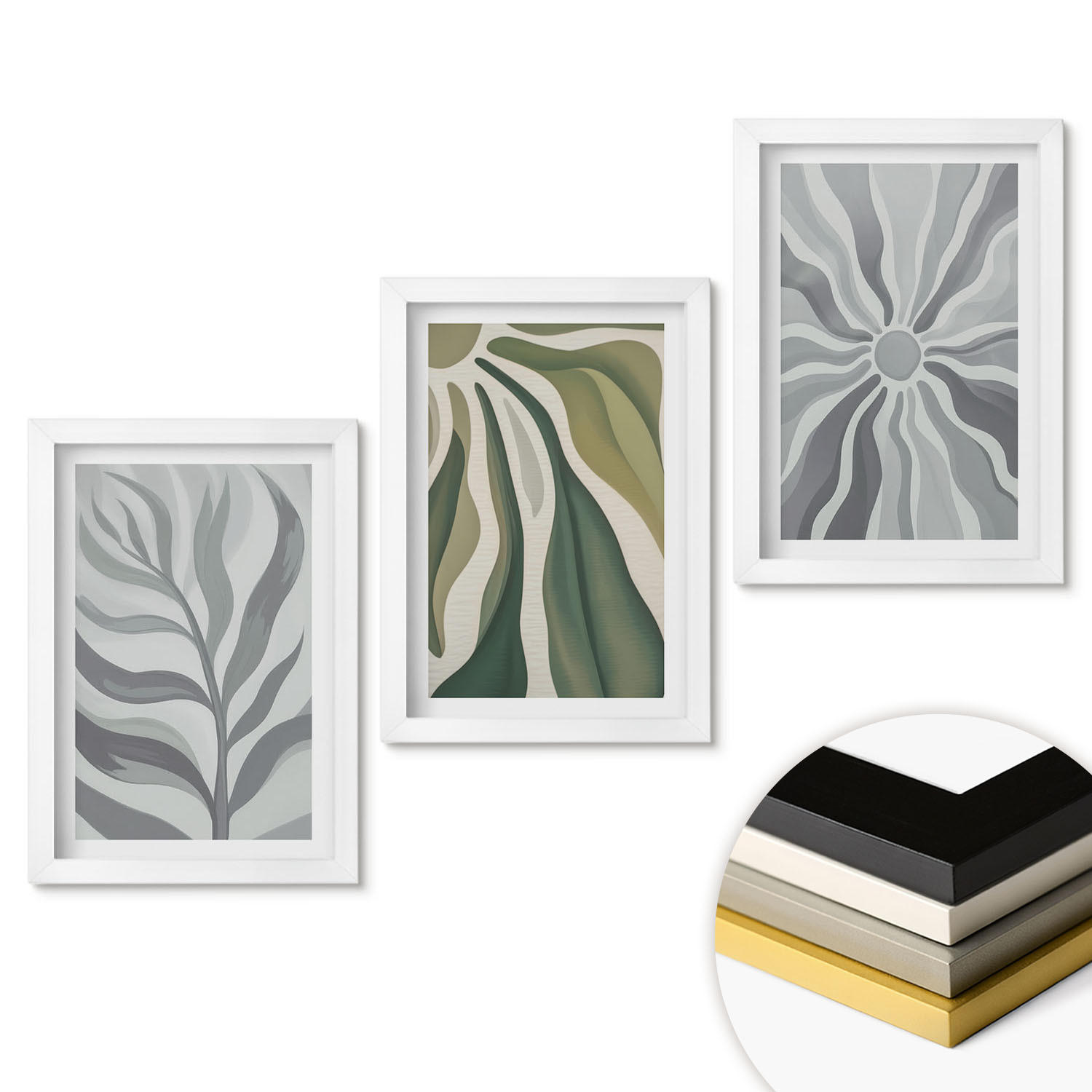 WANDBILDER 3er-Set - 20x30 cm Weißer Rahmen - Pflanzenmuster in Grün - Weiß, Kunststoff (20/30cm) - ArtPrintCave