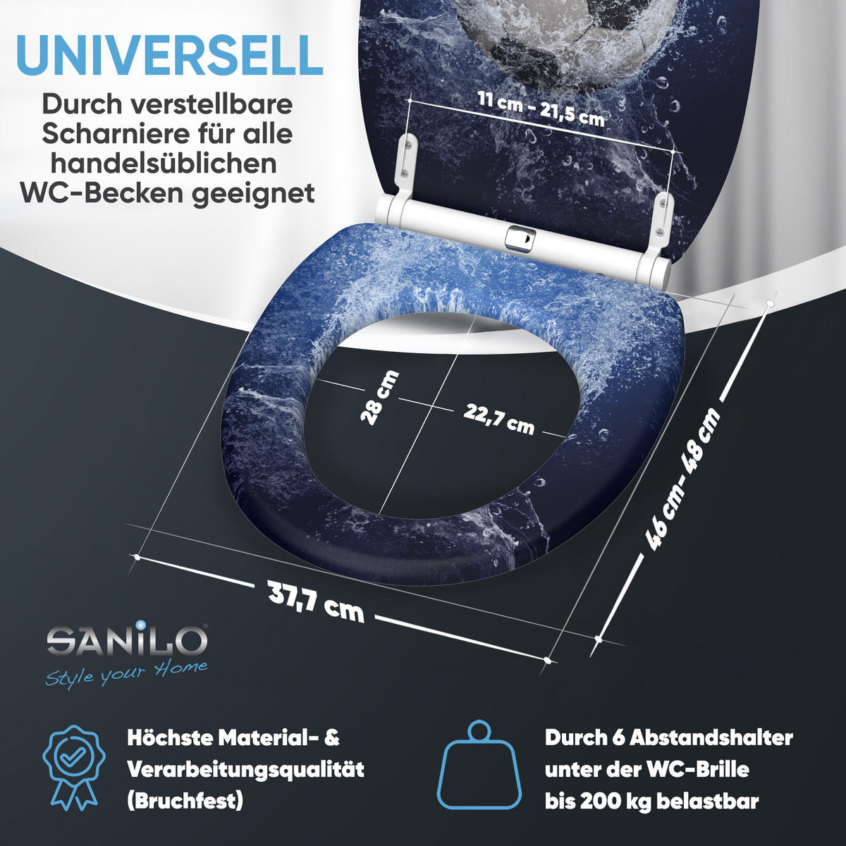 WC-SITZ mit Absenkautomatik & Top Fix Soccer - Blau, Holzwerkstoff (37.7/5.5/48cm) - Sanilo