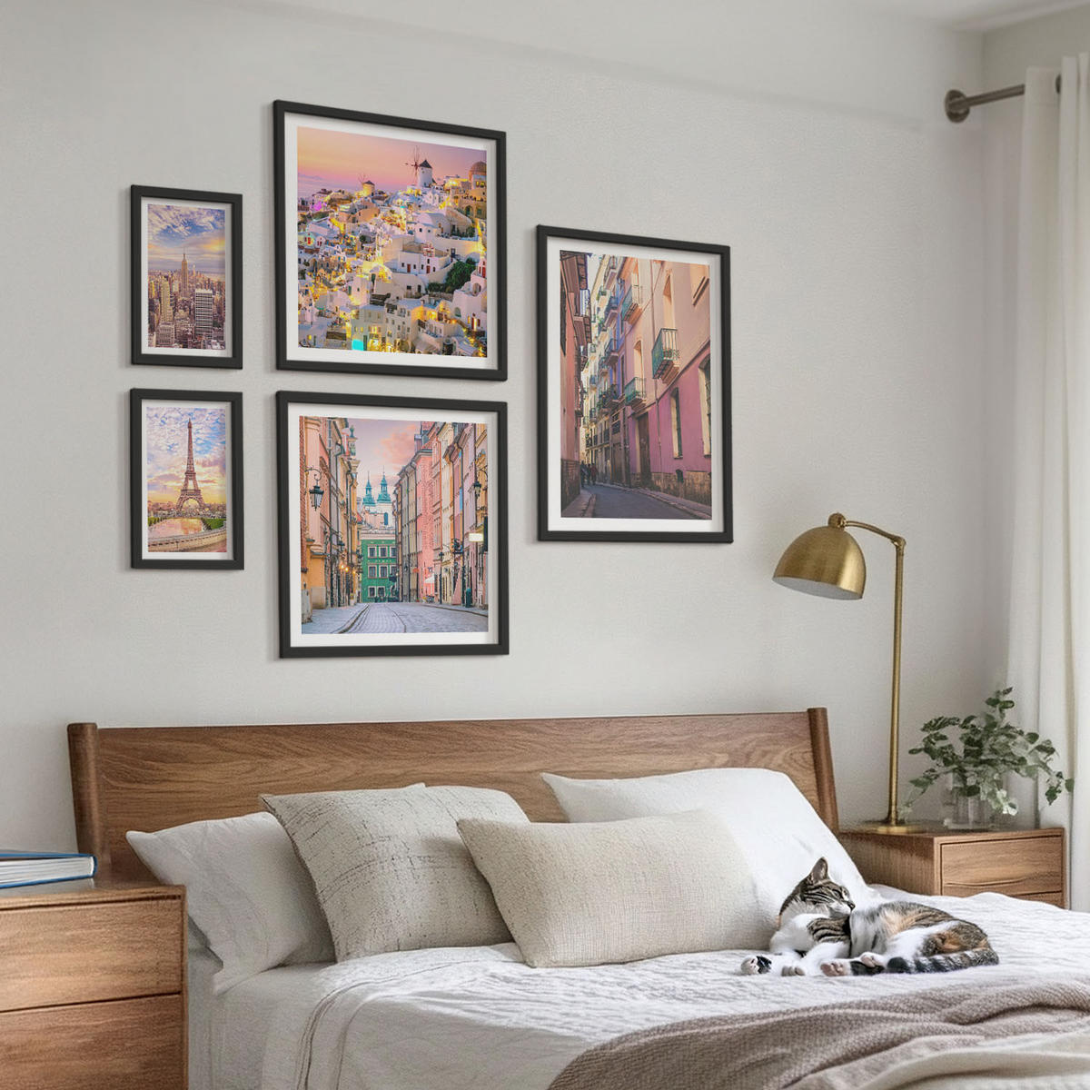 BILDER SET 5er Set - 50x50 cm & 20x30 cm & 40x60 cm Schwarzer Rahmen - New York Paris Oia Warschau Dämmerung - Schwarz, Kunststoff (40/60cm) - TULUP