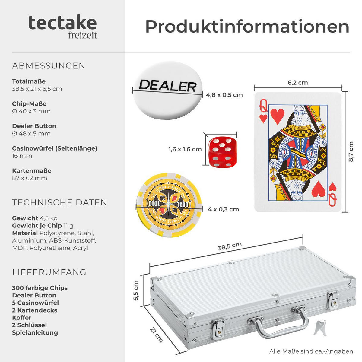 POKERSET ,inklusive verschließbarer Aluminiumkoffer,silber - Silberfarben, Kunststoff (21/38.5cm) - tectake