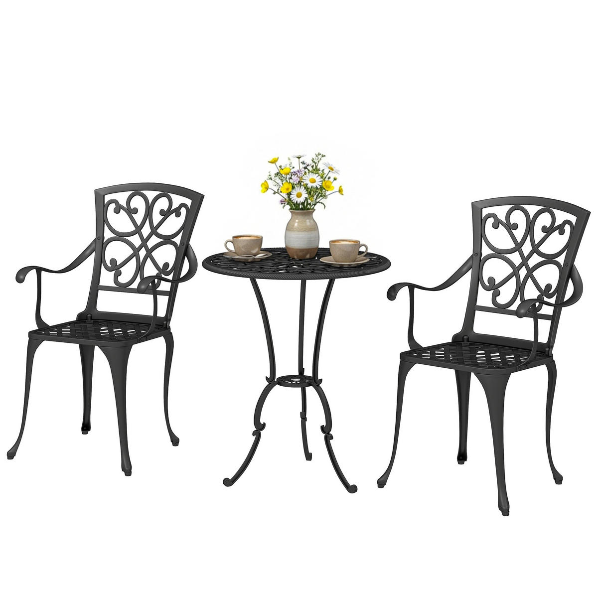 BISTRO-SET DE-07322 3-teilig mit Sonnenschirmloch, Aluminiumguss Antik - Schwarz, Metall - ComfortXL