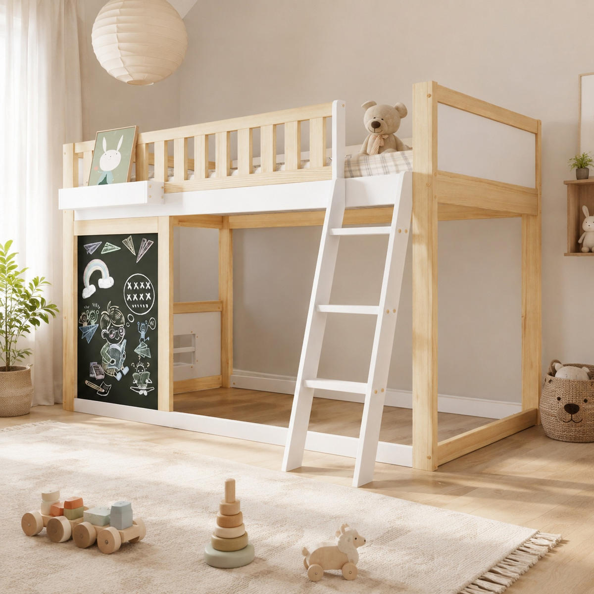 HOCHBETT 90/200 mit Maltafel, Aufbewahrungsbox und Stauraum in Weiß und Natur - Weiß/Naturfarben, Holzwerkstoff (90/200cm) - EVRYAE