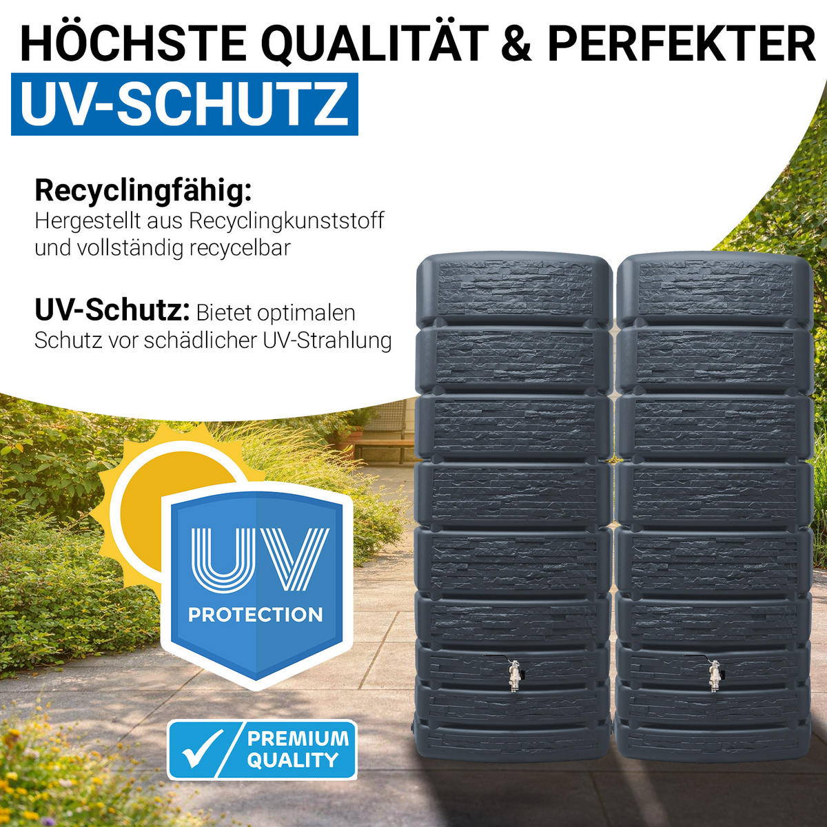 REGENTONNEN Wandtank-SET Komplett-Set 1000 L, graphite grey 2 x 500 L, inkl. Verbinder und Fallrohranschluss - Grau, Kunststoff (51/184/150cm) - 4rain