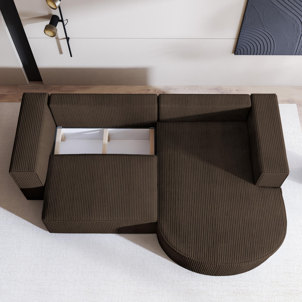 ECKSOFA SORELA P R-S Braun Kordstoff mit Schlaffunktion - Braun, Holz (263/174cm) - MASSENO