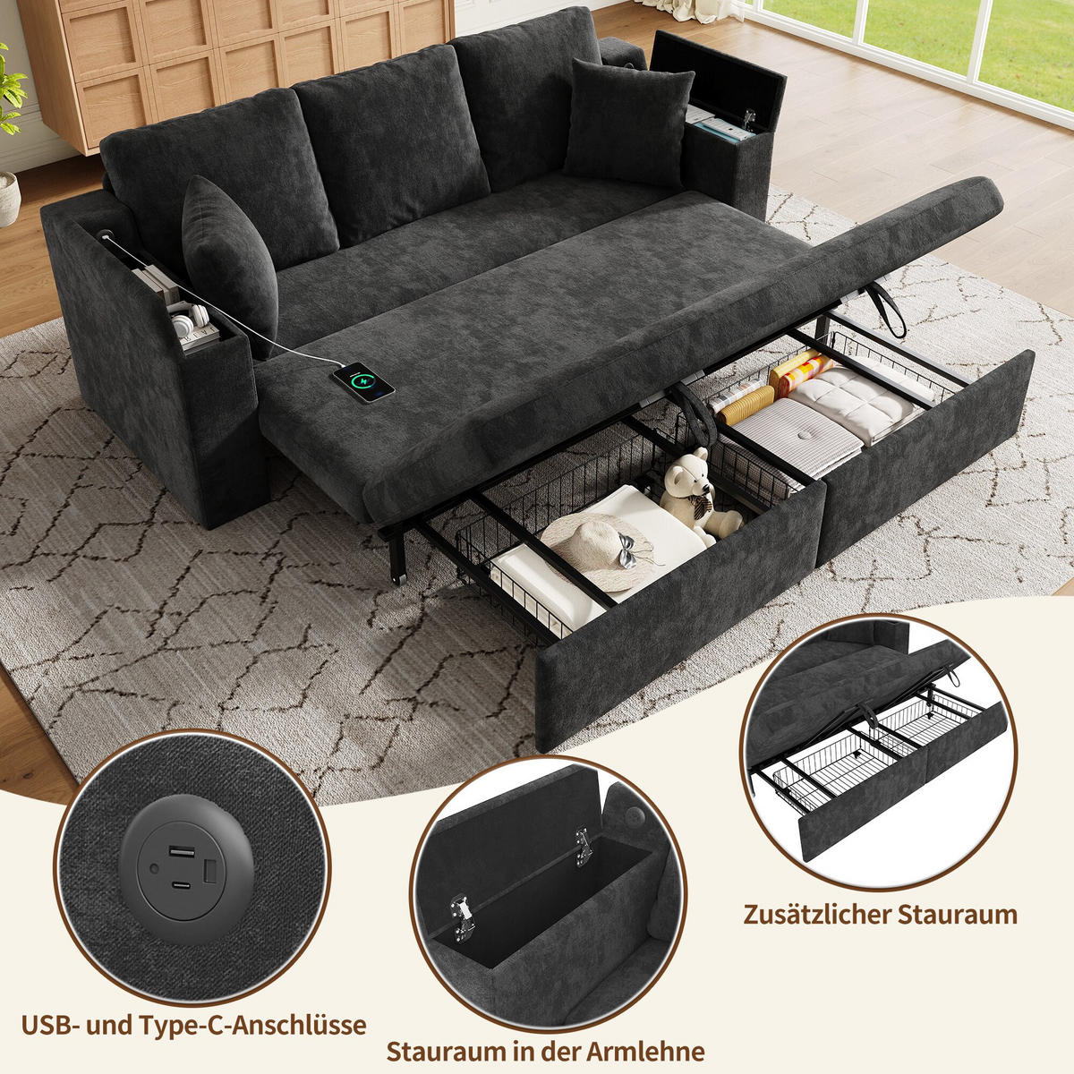 SCHLAFSOFA mit Schlaffunktion, USB, Stauraum, Grau, 210,5/192/93 cm - Grau, Textil (210.5/93/192cm) - EVRYAE