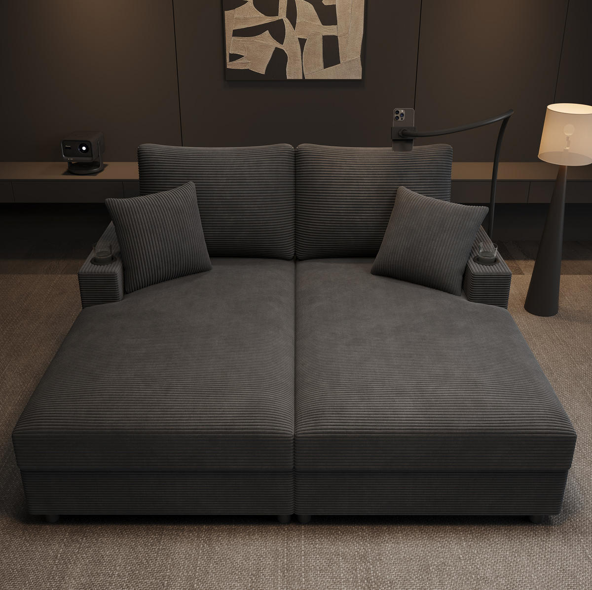 SOFA 2-Sitzer mit USB und Handyhalterung 163 x 140 cm Cord Grau - Grau, Textil (140/82/163cm) - Meubliv