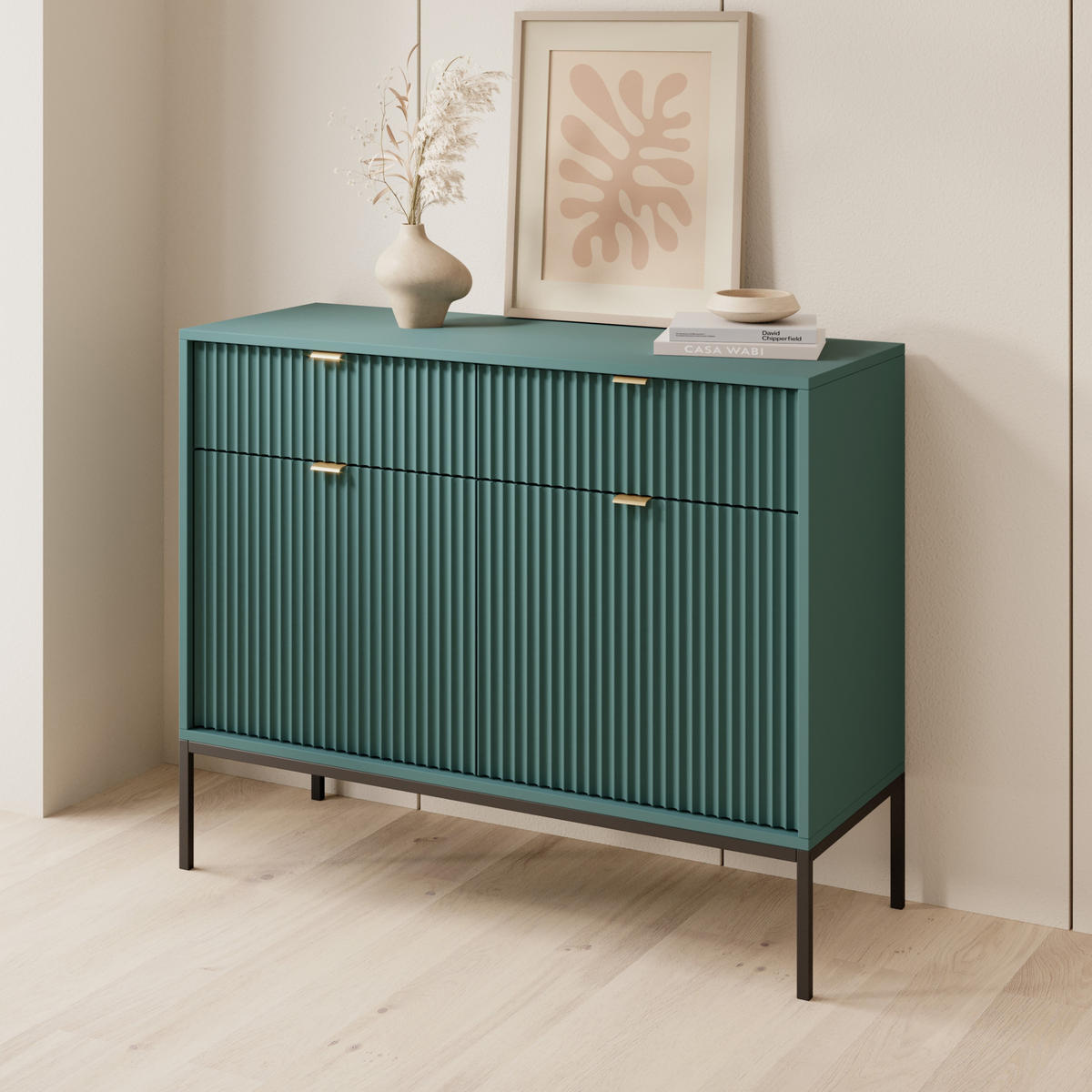 GRÜNE Moderne Geriffelte Kommode KIOTO K2D2SZ (Schwarzes Gestell, Soft-Close Türen) - Goldfarben/Schwarz, Holz/Holzwerkstoff (104/83/39cm) - Ravio