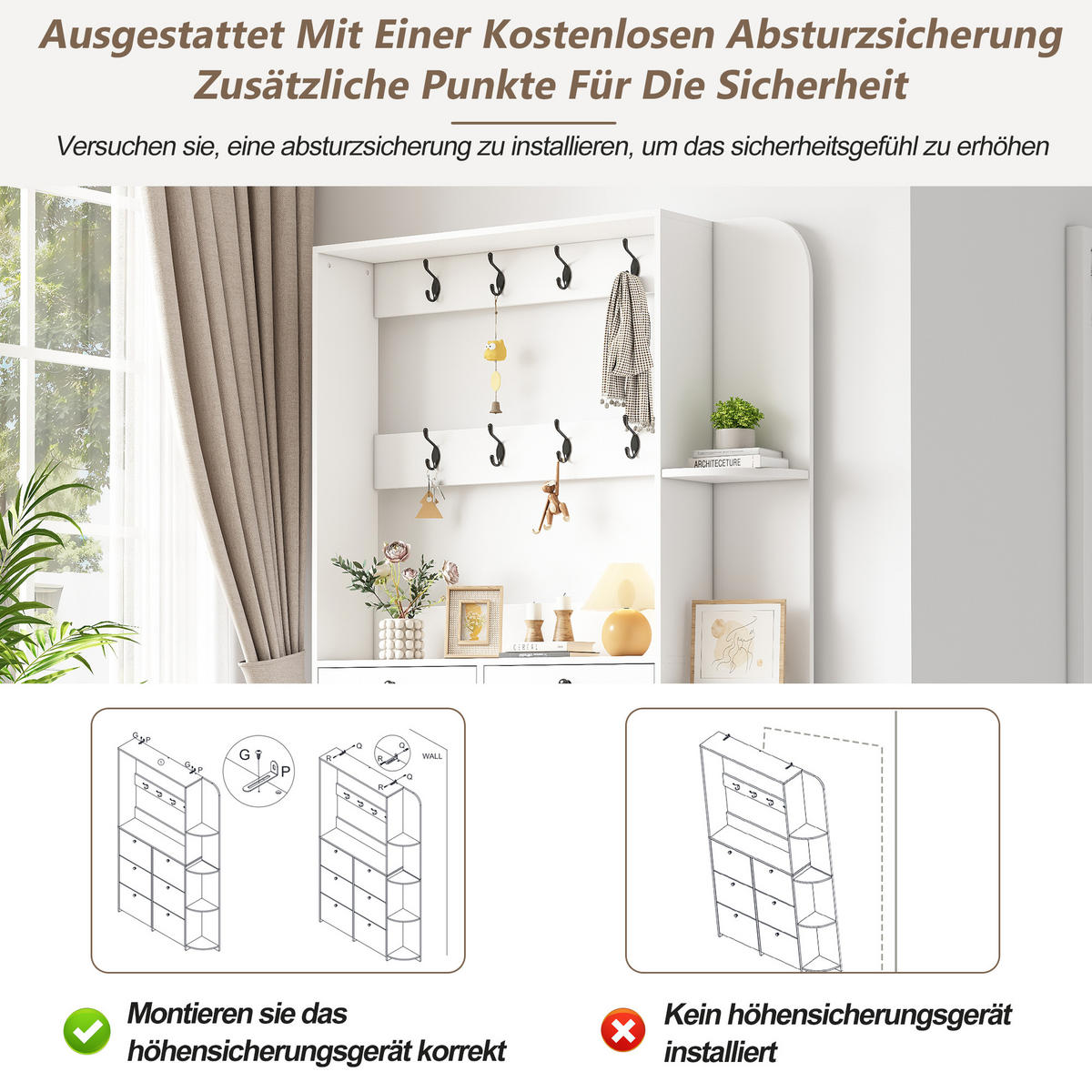 SCHUHSCHRANK in Weiß Schuhkommode mit Schuhkipper, 8 Haken, 5 Ablagen & Klapptür, Flur/Eingangsbereich, B120/T24/H200cm - Weiß, Holzwerkstoff (120/200/24cm) - STILVORA