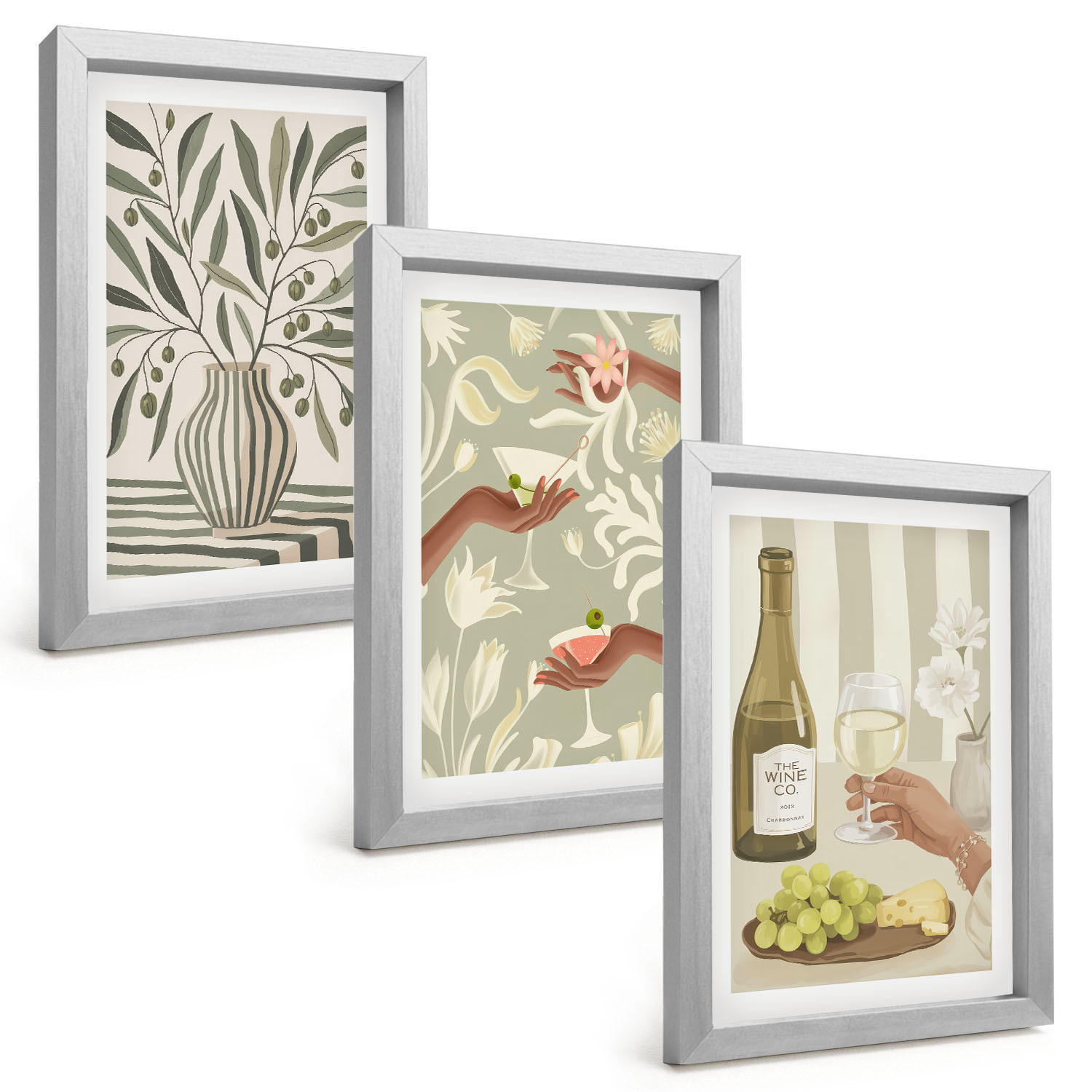 BILDER SET 3er Set - 20x30 cm Silberner Rahmen - Rustikale Cocktails mit Olivenblüten - Silberfarben, Kunststoff (20/30cm) - TULUP