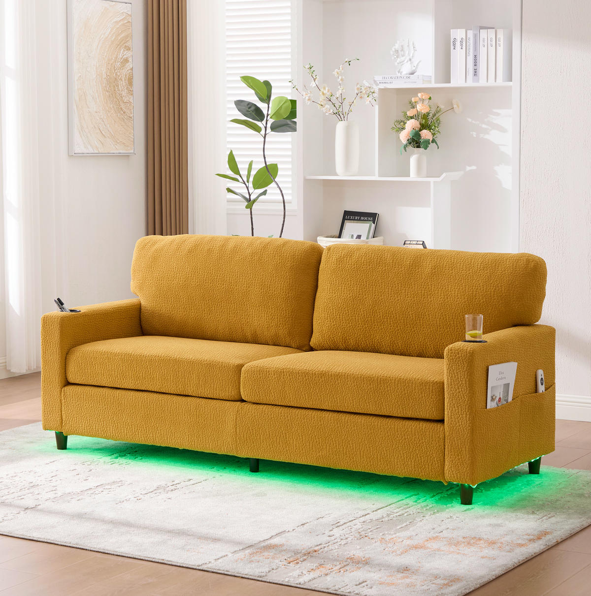 SOFA 2-Sitzer mit USB-C LED Chenille Mustard Yellow - Gelb, Kunststoff (203/86/77.5cm) - Meubliv