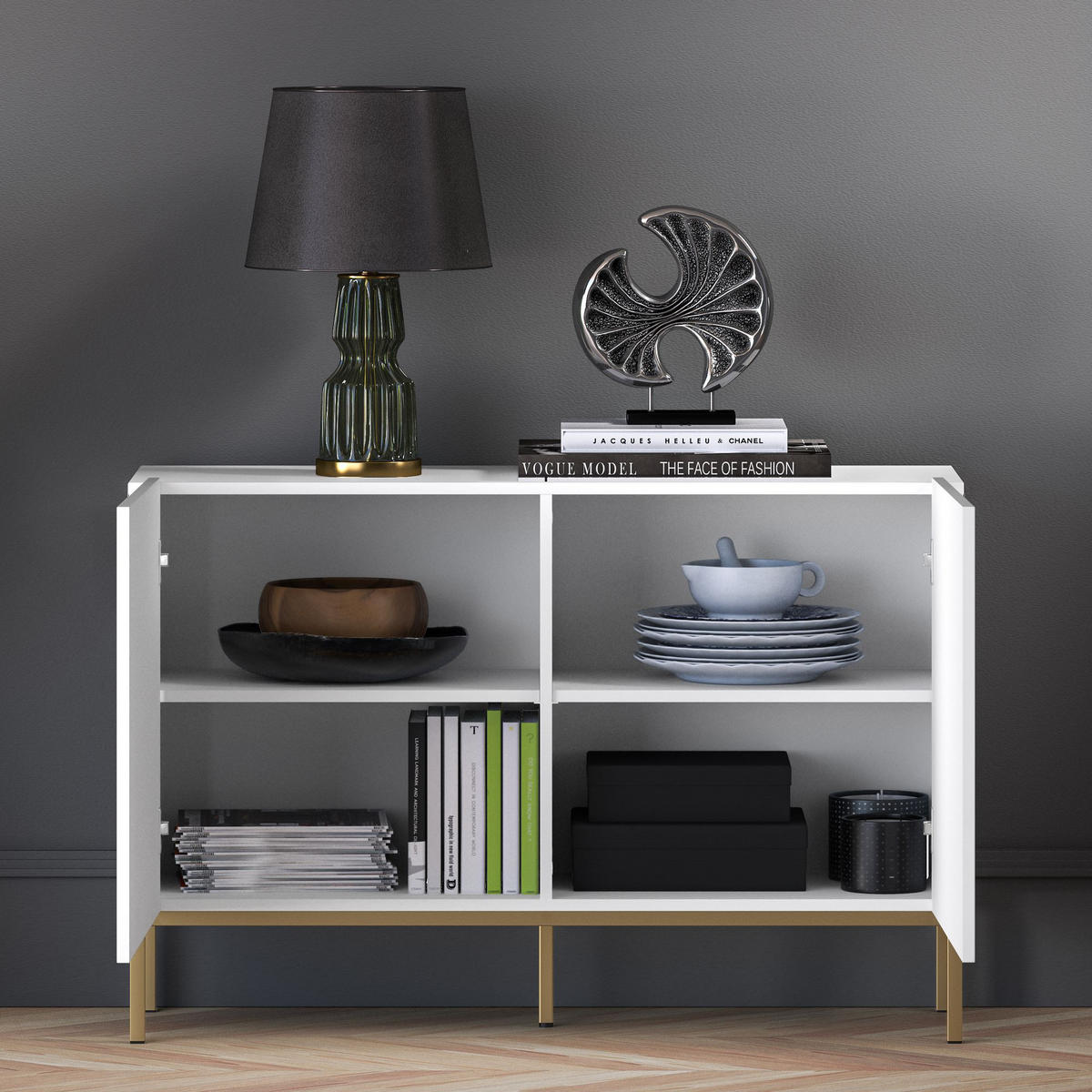 KOMMODE NEBRO,Weiß/Goldfarben - Goldfarben/Weiß, Holzwerkstoff (114/77/37cm) - KONSIMO®