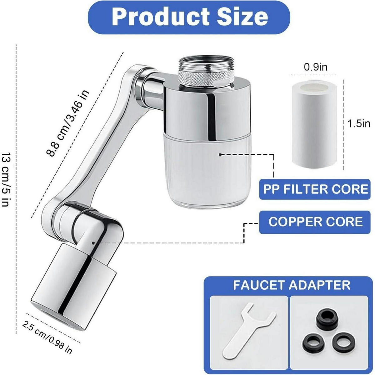 WASSERFILTERAUFSATZ 1080° drehbar Chrom mit 5 Filterpatronen - Silberfarben, Metall (2.5/8.8/13cm)