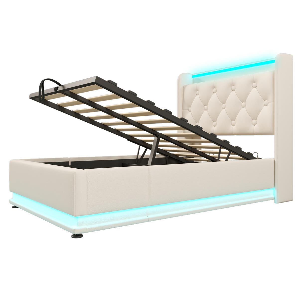POLSTERBETT aus Kunstleder 90x200 cm in Weiß mit LED-Beleuchtung & USB-C - Weiß, Leder (90/200cm) - Modfu