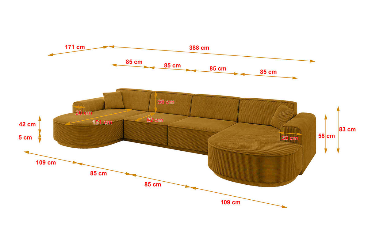 WOHNLANDSCHAFT MARI-U2-v3 - 388x171x83 cm Senfgelb Cord - Gelb/Schwarz, Holzwerkstoff/Kunststoff (388/83/171cm) - ALTDECOR