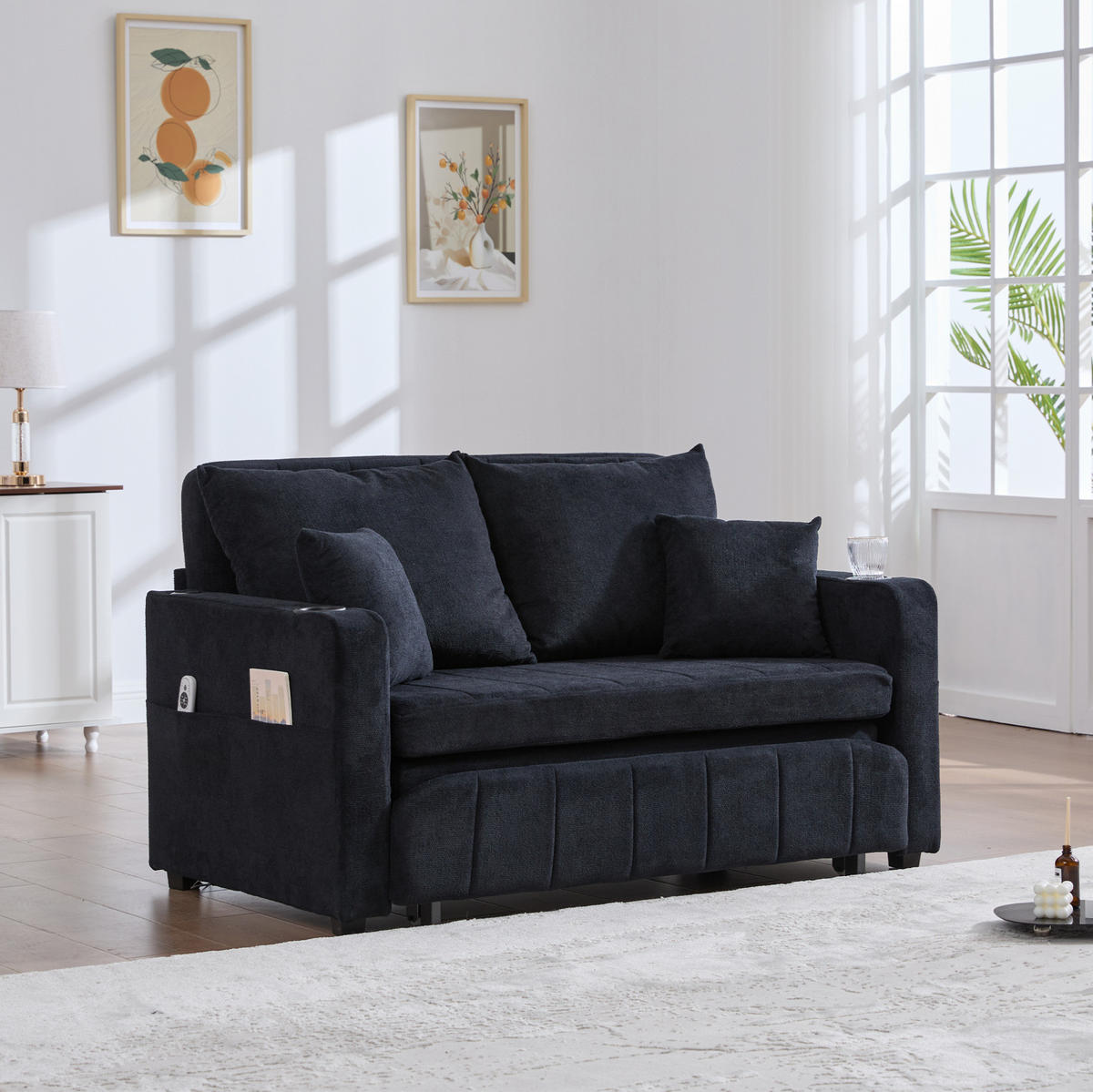 SOFA ausziehbar 139 x 83 x 58 cm Chenille Schwarz - Schwarz, Holzwerkstoff (139/83/73cm) - Meubliv