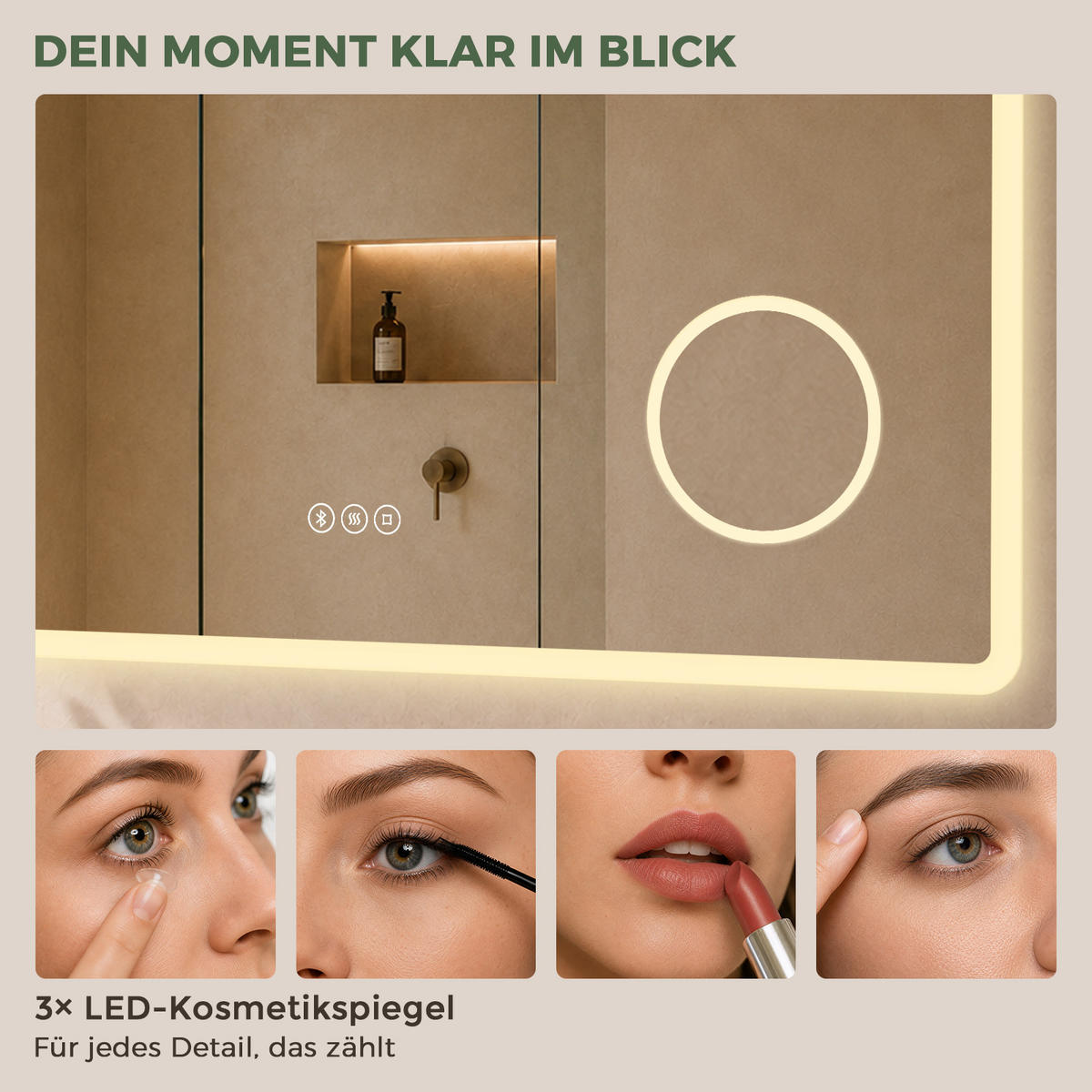 BADSPIEGEL mit Beleuchtung 60/100 cm rechteckig LED, Bluetooth, Vergrößerungsspiegel, Antibeschlag - Transparent, Glas (100/60/3.5cm) - S'AFIELINA
