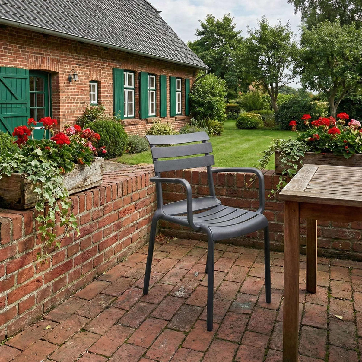 GARTENSTUHL Karl Armlehne 57x57x82cm Kunststoff Dunkelgrau Stapelstuhl - Dunkelgrau, Kunststoff (57/82/57cm) - DELUKE