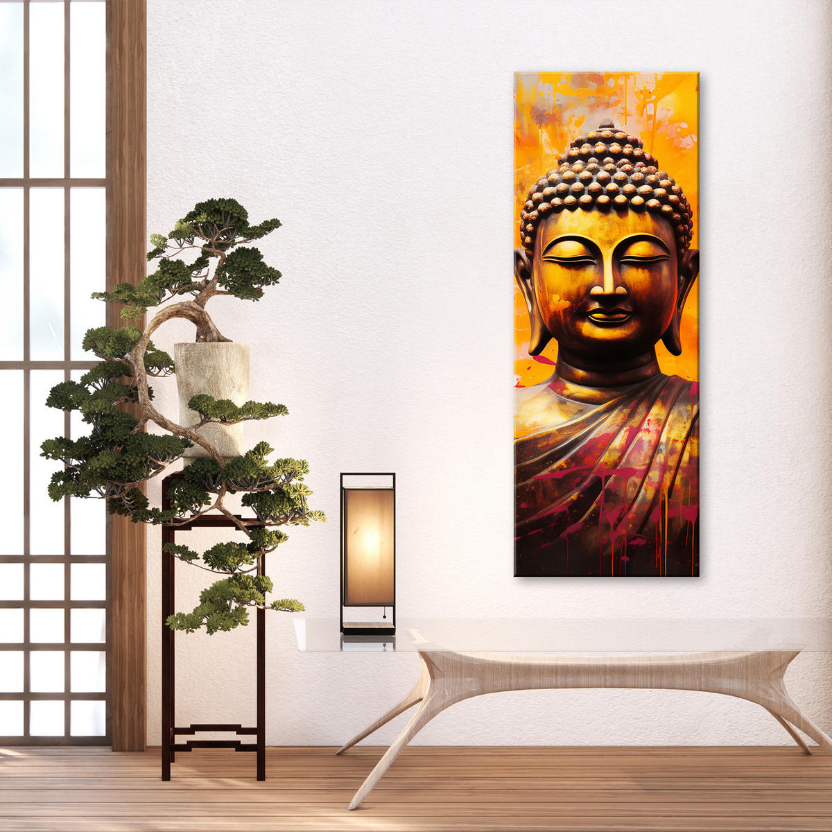 LEINWANDBILD, Buddha auf abstraktem Hintergrund 30x90cm - Gelb, Textil (30/90cm) - Feeby
