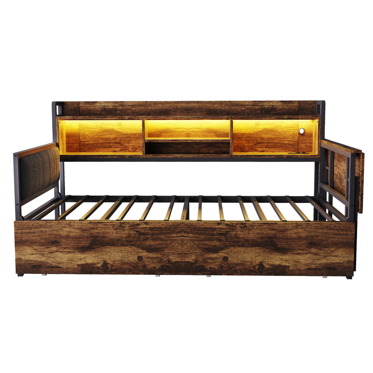 MULTIFUNKTIONSBETT 90/200 cm Holzfarbe mit LED-Beleuchtung und Stauraum aus Metall - Naturfarben, Metall (90/200cm) - OKWISH