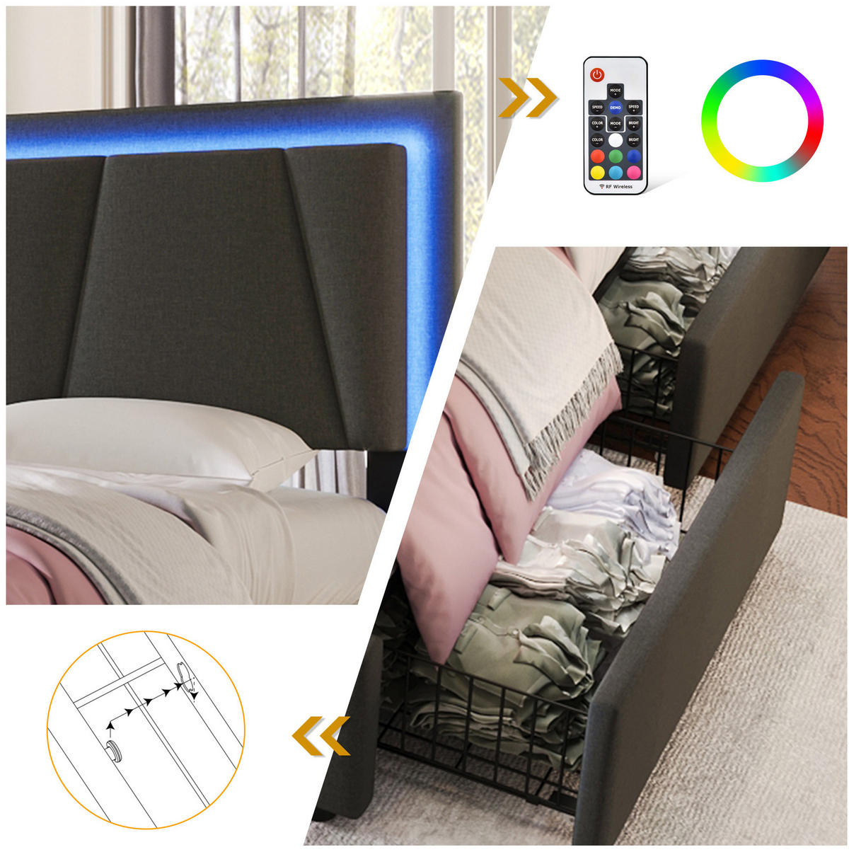 POLSTERBETT 140/200 cm aus Leinen mit LED USB-C und Stauraum Grau - Grau, Textil (140/200cm) - Modenvie