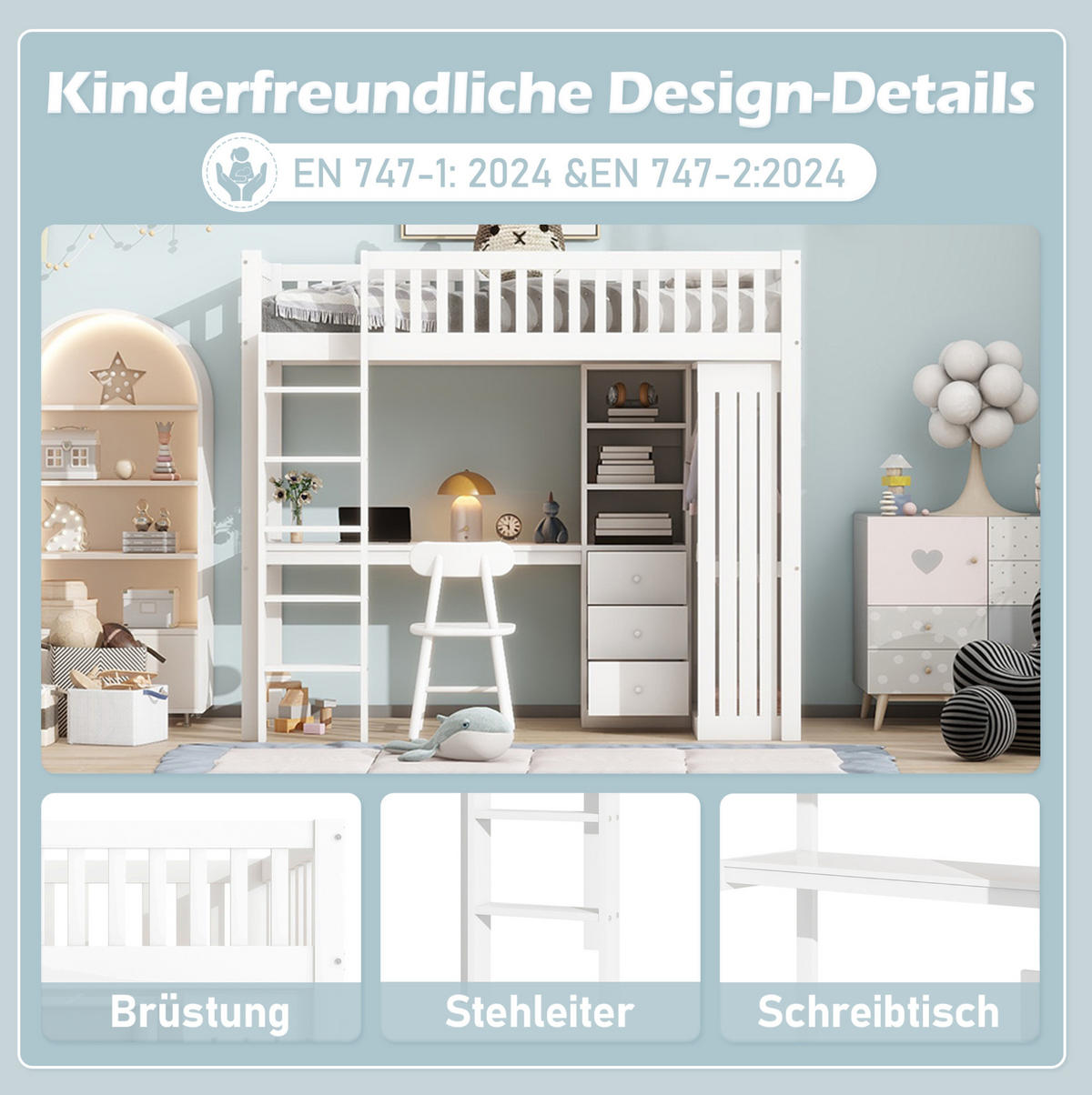 HOCHBETT 90/200 cm aus Kiefernholz mit Schreibtisch, Weiß - Weiß, Holz (90/200cm) - OKMYHOME