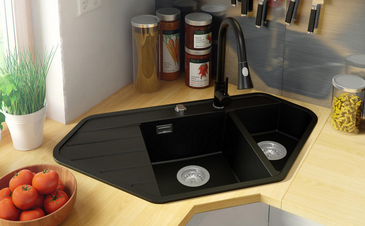 ECKSPÜLE Kopenhagen Corner, 2-er set Schwarz 90/50 cm 1,5 Becken + Ablauf-Set ab 70er Unterschrank - Chromfarben/Schwarz, Kunststoff (90/18/50cm) - Primagran