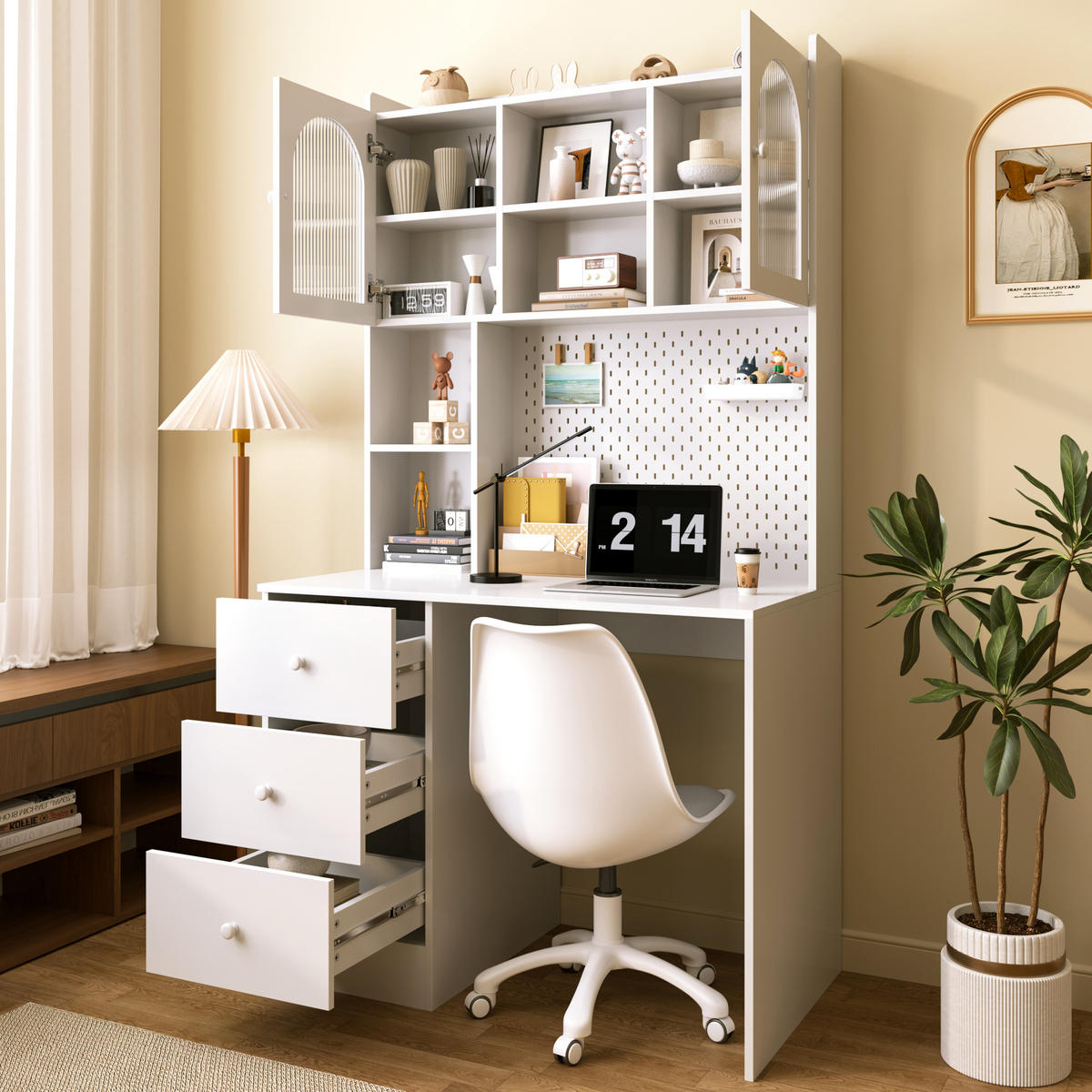 SCHREIBTISCH Weiß Multifunktional mit Schrank Pinnwand Vitrine & 3 Schubladen - Weiß, Holzwerkstoff (100/180/55cm) - Urban Meuble