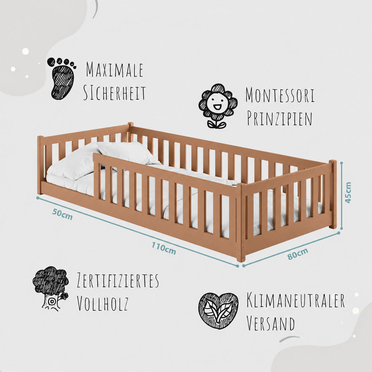 BODENBETT 80x160 cm in Zimt mit Matratze - Braun, Holz (80/160cm) - Kids Collective