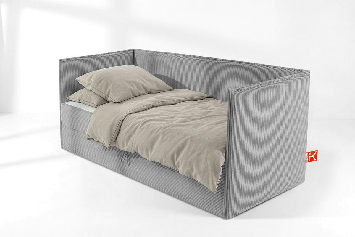JUGENDBETT ROTI Einzelbett mit Bettkasten, 90x200cm, Bett mit Bonellmatratze, mit Rückenlehne - Hellgrau/Schwarz, Holz/Holzwerkstoff (92/200cm) - KONSIMO®